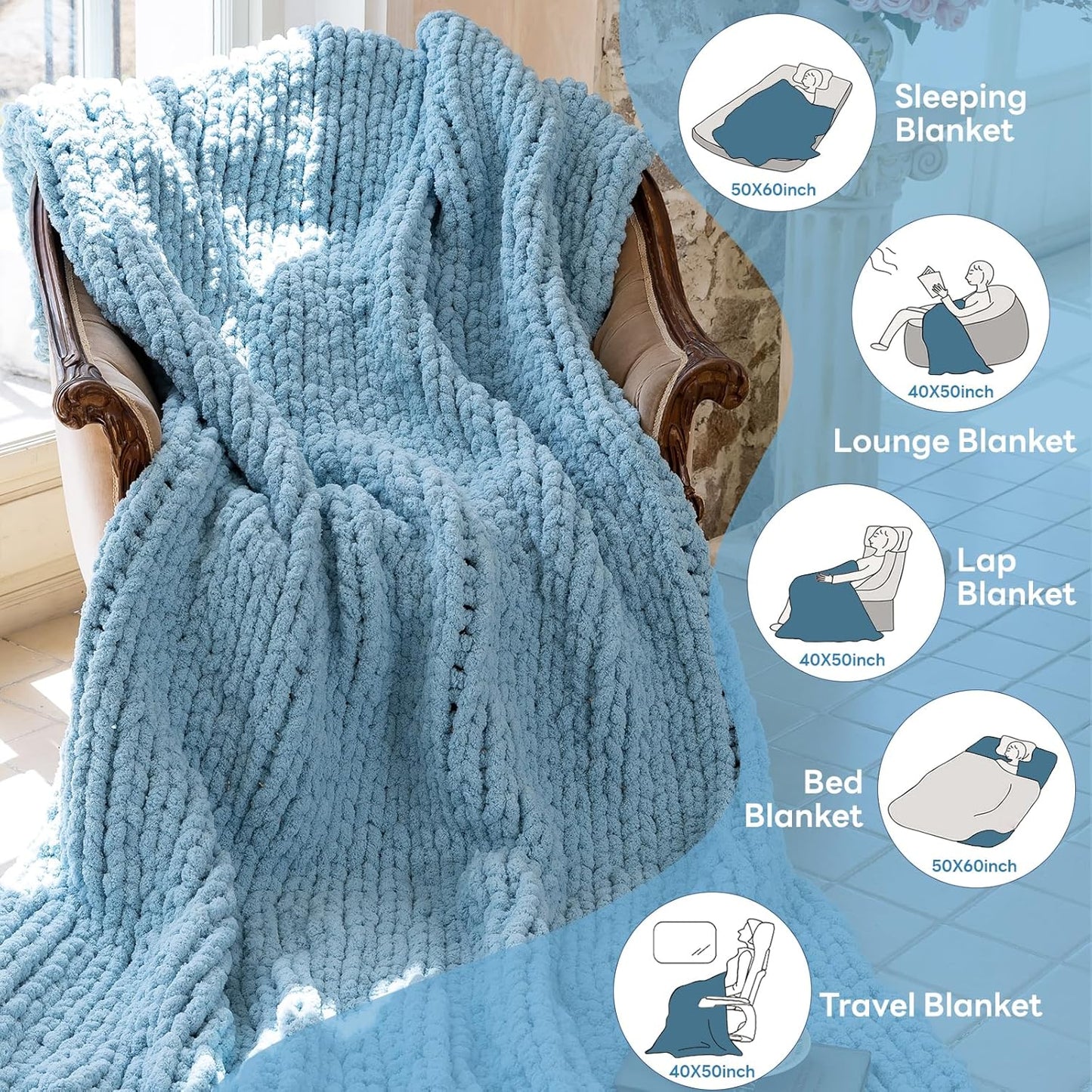 Chunky Knit Blanket - Luxury Soft Cozy 40 * 50 Throw Blanket,100% Woven Blanket Rope Knot Throw Blanket for Couch, Sofa, Home Decor, Gift - Machine Washable(Light Blue)