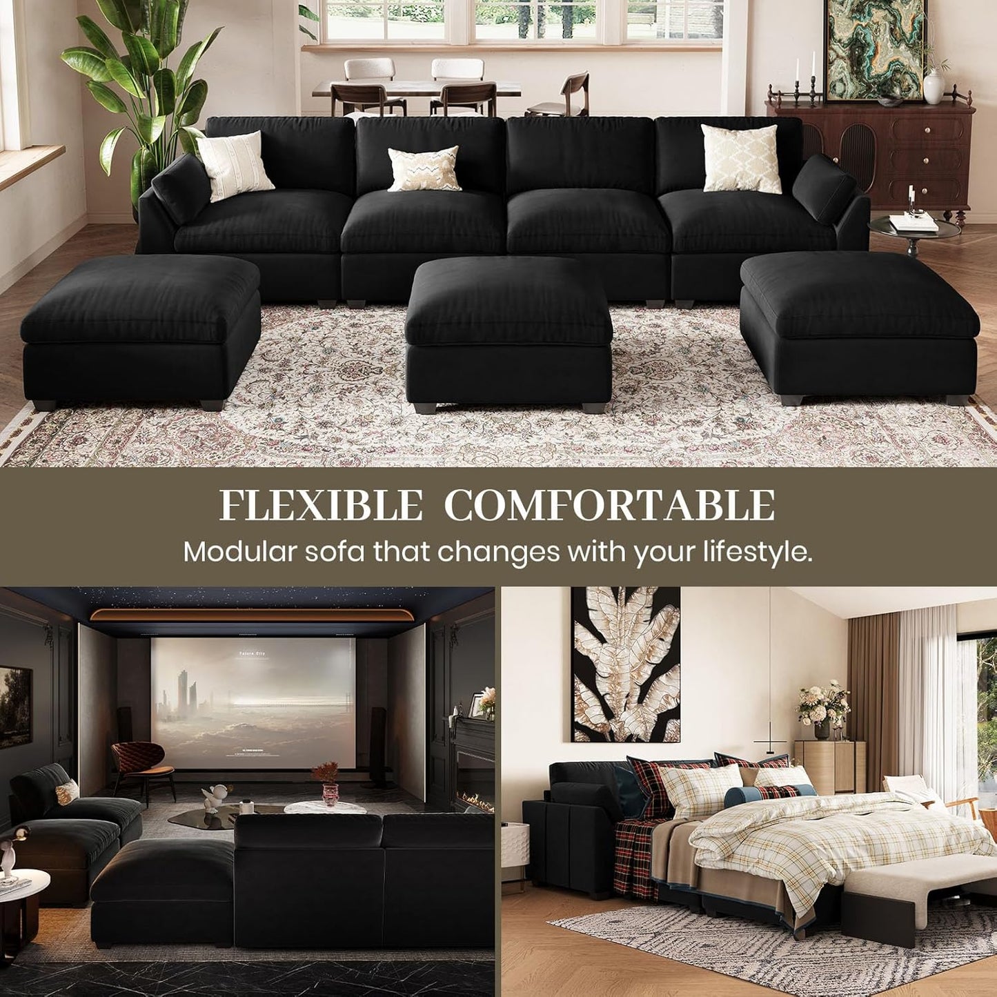Belffin Oversized Sectional Couch,137.8" 7-Seater U Shaped Modular Sectional Sofa with Ottoman,Convertible Velvet Couches for Living Room,Black Couch