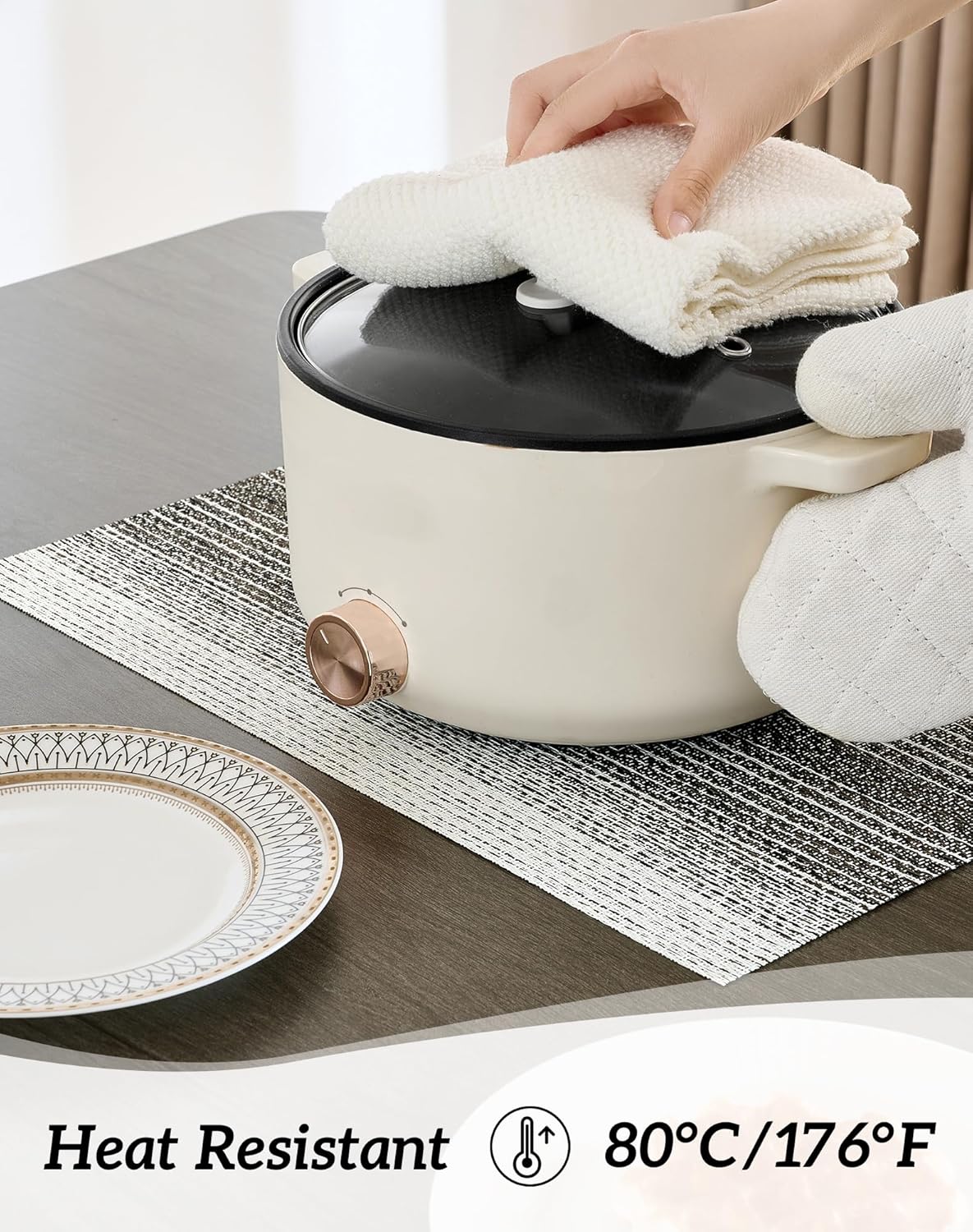Leetaltree Black with White Woven Placemats Set of 6 - Heat Resistant Non-Slip Place mats for Dining Table, Washable Durable PVC Vinyl Woven Table Mats(Black with White, 6)