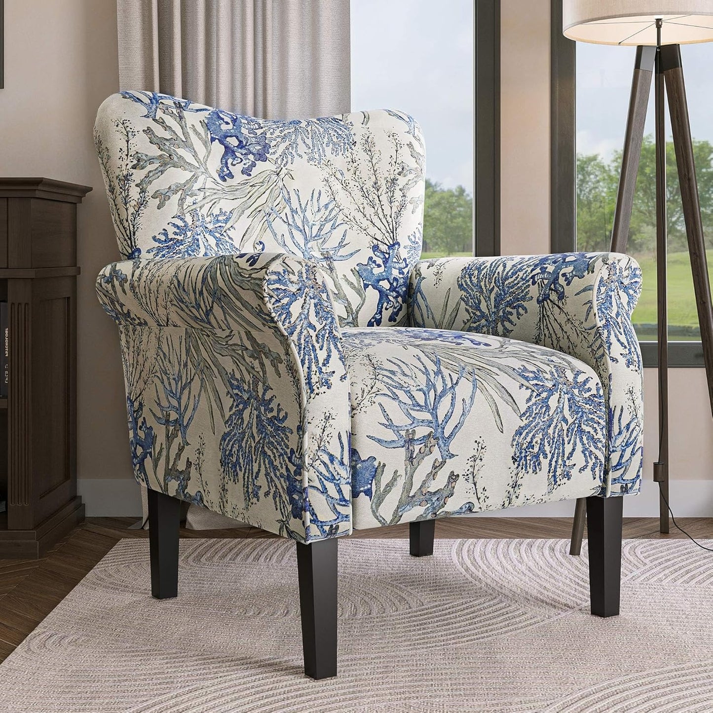 BELLEZE Modern Accent Chair for Living Room, High Back Linen Armchair with Wooden Legs, Upholstered Wingback Side Chair Padded Armrest Single Sofa for Living Room, Bedroom - Allston (Blue Coral)