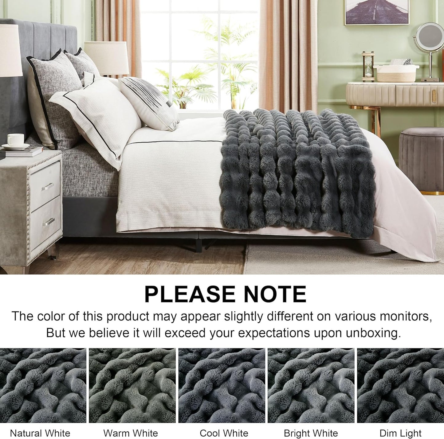 DREAMNINE Large Soft Thick Fuzzy Bubble Faux Rabbit Fur Bed Blanket Full Size 70" x 80",Reversible Gray Plush Big Warm Shaggy Fluffy Blankets for Winter,Solid Luxury Cozy Cute Bumpy Furry Blanket,Grey