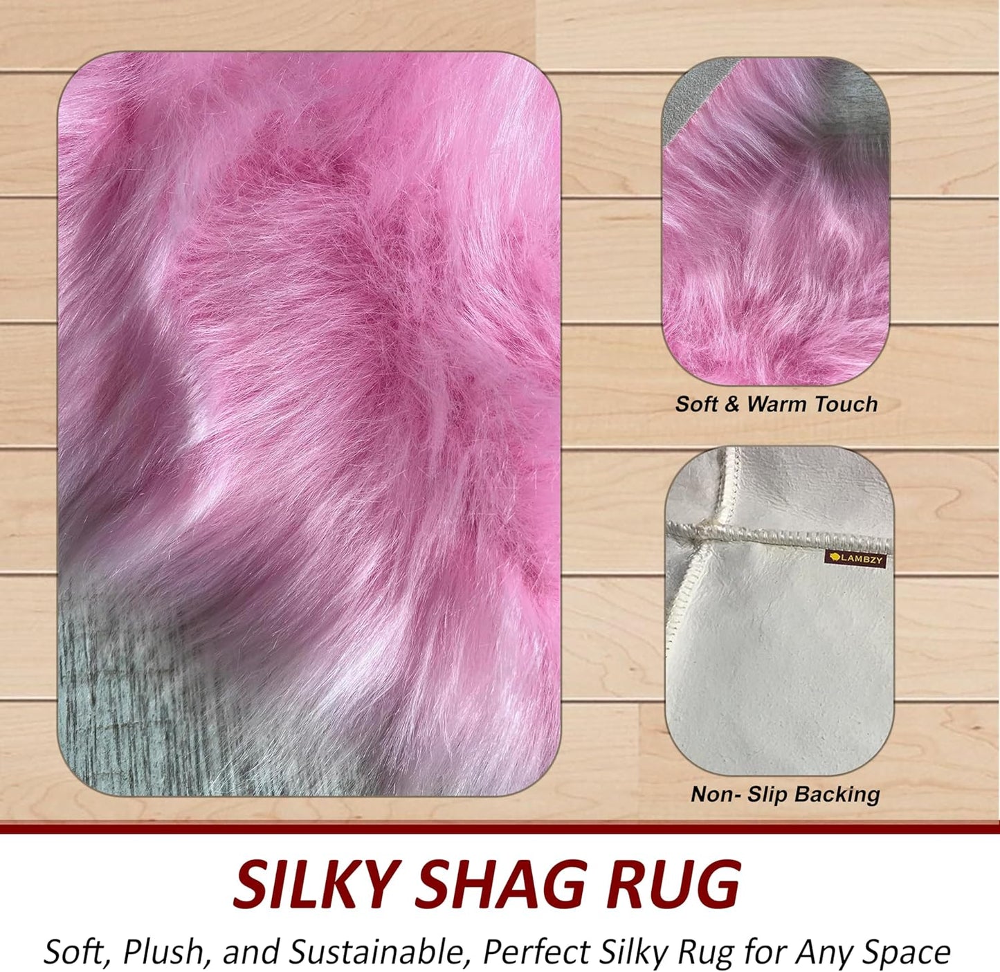 LAMBZY Faux Sheepskin Super Soft Hypoallergenic Free Shape Silky Shag Rug, Luxury Shaggy Plush Carpet for Bedrooms Living Kids Room Sofa Rugs (Pink, Sexto 6 Pelts 6'x6')