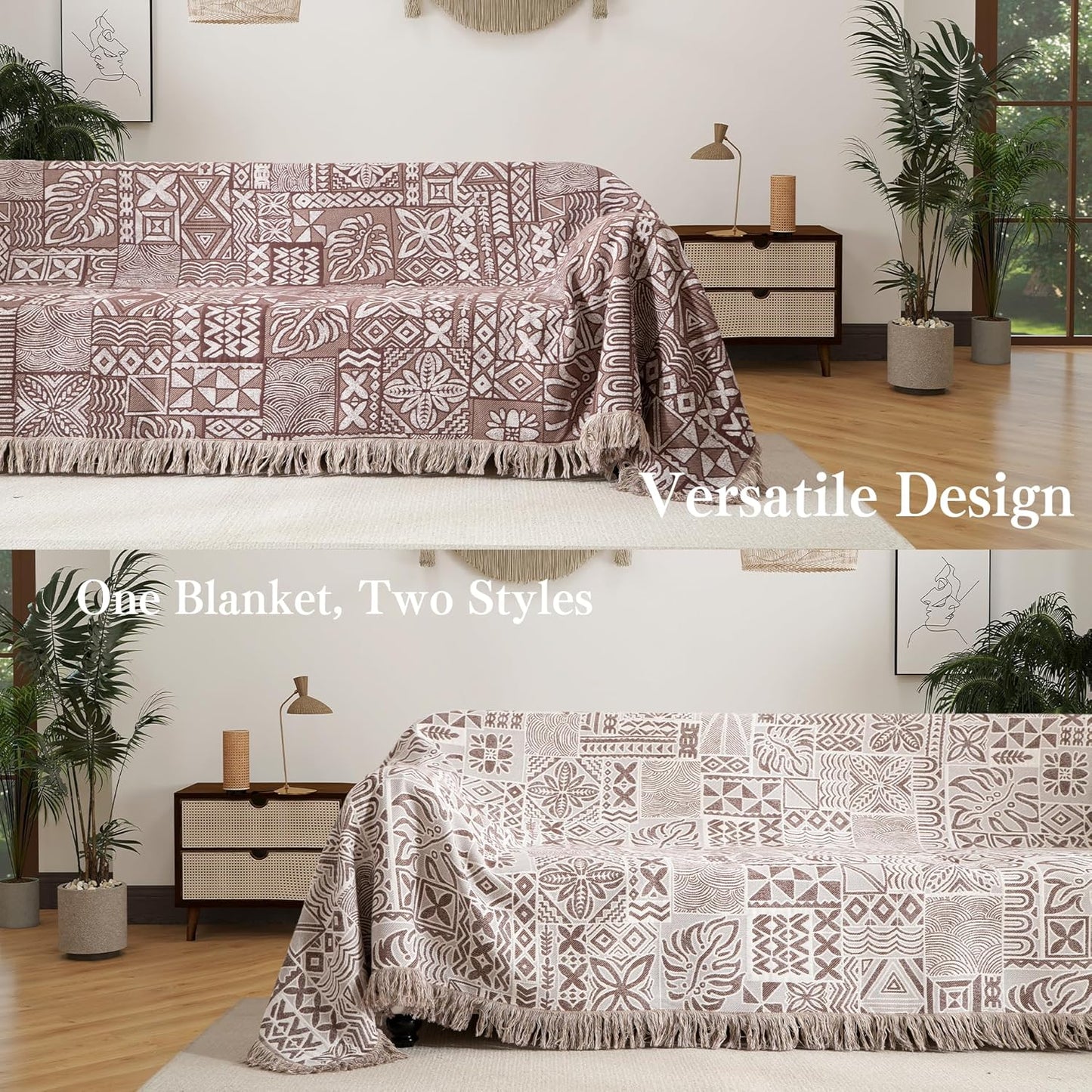 Boho Throw Blanket Twin Size, Soft Cozy Cotton Muslin Quilt Blanket for Bed Decor, Patchwork Block Couch Sofa Chair Cover, Vintage Farmhouse Cottage Tapestry Woven Blanket, Brown&White