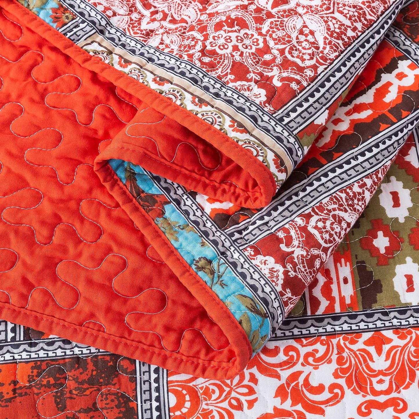 NEWLAKE Cotton Bedspread Quilt Sets-Reversible Patchwork Coverlet Set, Mediterranean Classic Bohemian Pattern,Queen Size