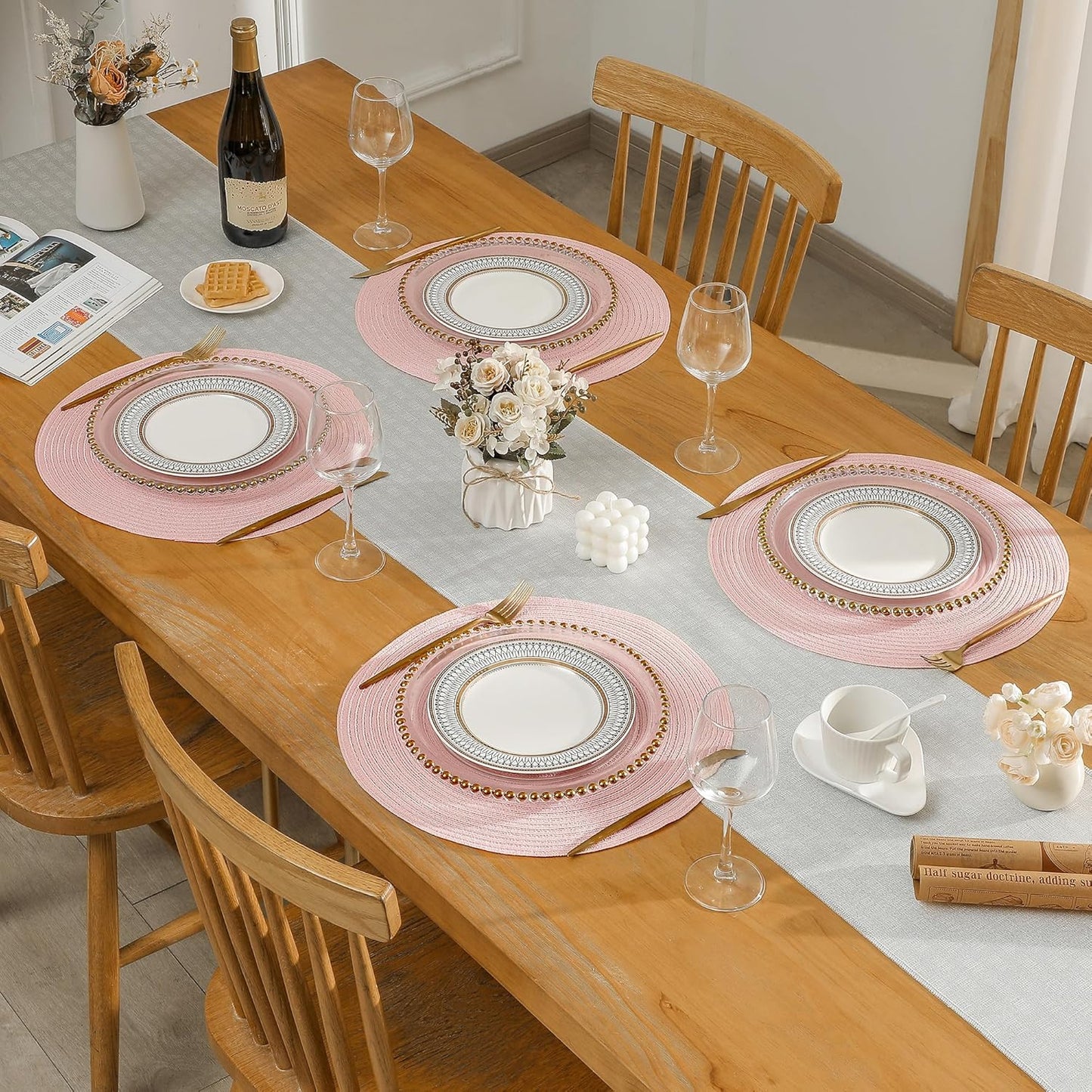 Leetaltree Round Placemats Heat and Slip Resistant Cotton Table Mats, Washable Bohemian Placemats for Dining Tables (Pink, Set of 6)