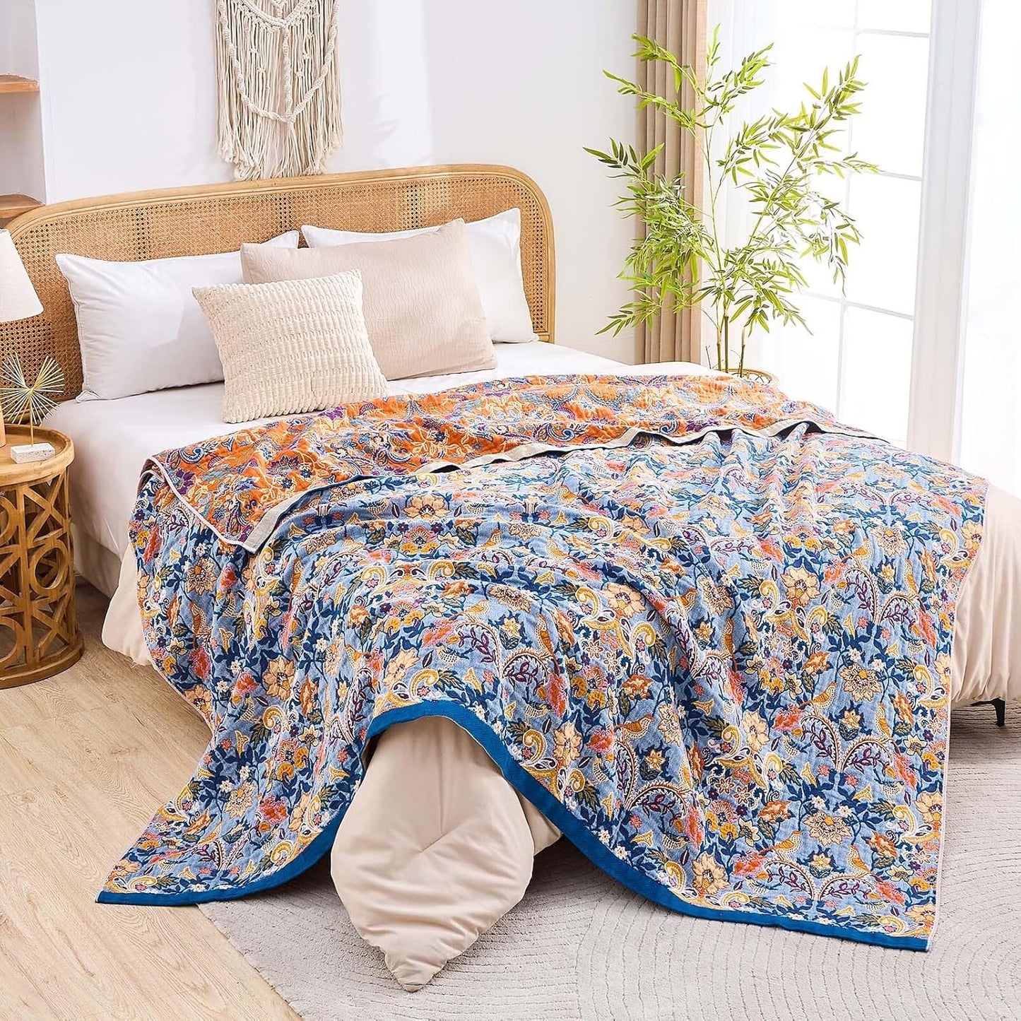 Boho Throw Blanket for Bed, 100% Cotton Soft Rustic Quilt Fall Blanket, 80"x90" Floral Printed Farmhouse Decor Bed Blankets, All Season Rustic Reversible Bohemian Throw Quilt