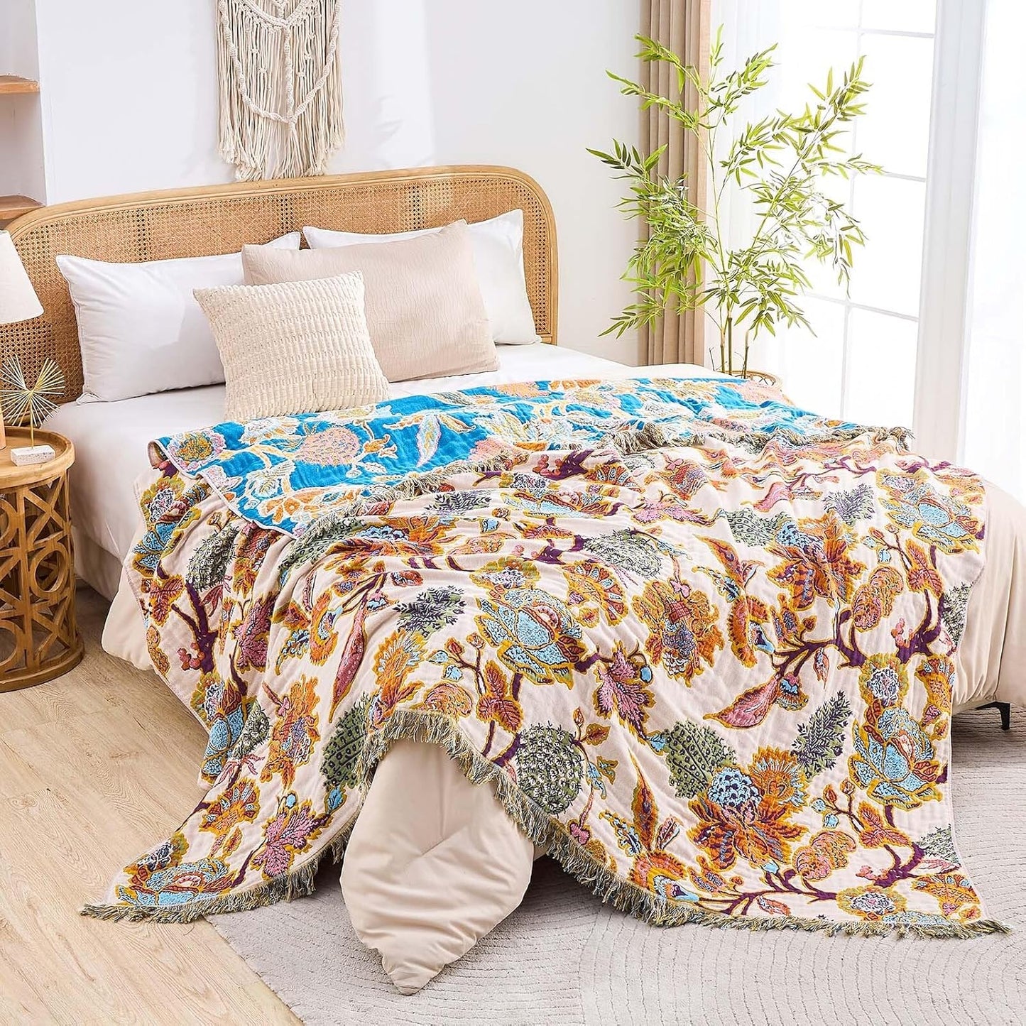 Boho Throw Blanket for Bed, 100% Cotton Soft Rustic Quilt Fall Blanket, 80"x90" Floral Printed Farmhouse Decor Bed Blankets, All Season Rustic Reversible Bohemian Throw Quilt