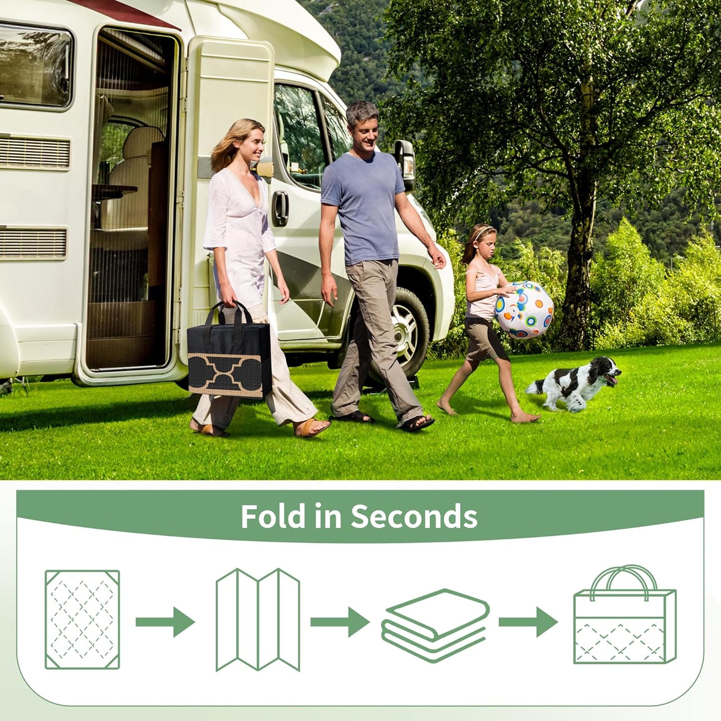 GENIMO Outdoor Rug 9' x 12' Patio Waterproof, Foldable Reversible Plastic Straw Area Rugs Mat for Camper Decor, Outside Carpet for Rv, Deck, Porch, Picnic, Beach, Balcony, Black & Brown