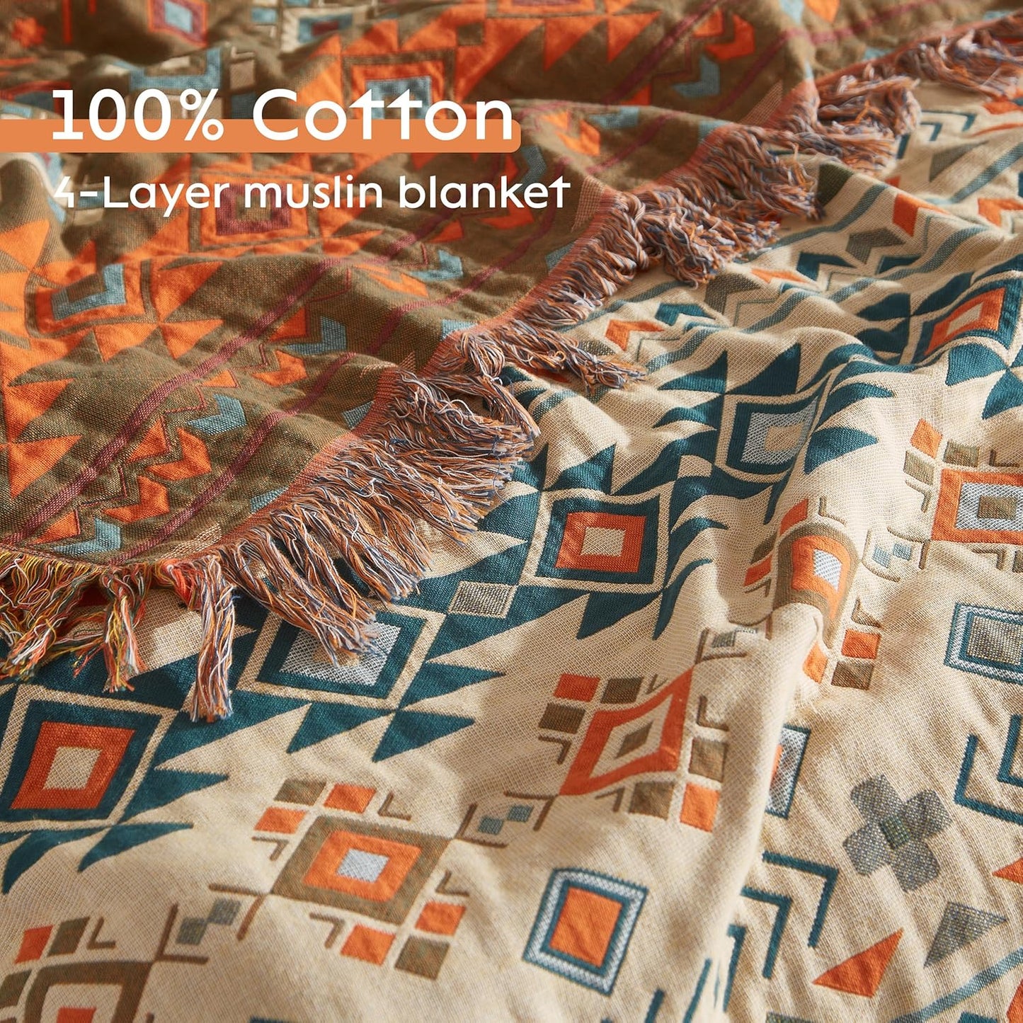 Boho Throw Blanket for Bed 90”x98”, 100% Cotton Woven Blanket for Couch Sofa, Ultra Soft 4-Layer Muslin Quilt with Diamond Pattern, Farmhouse Bed Blanket/Cover for Living Room Decor