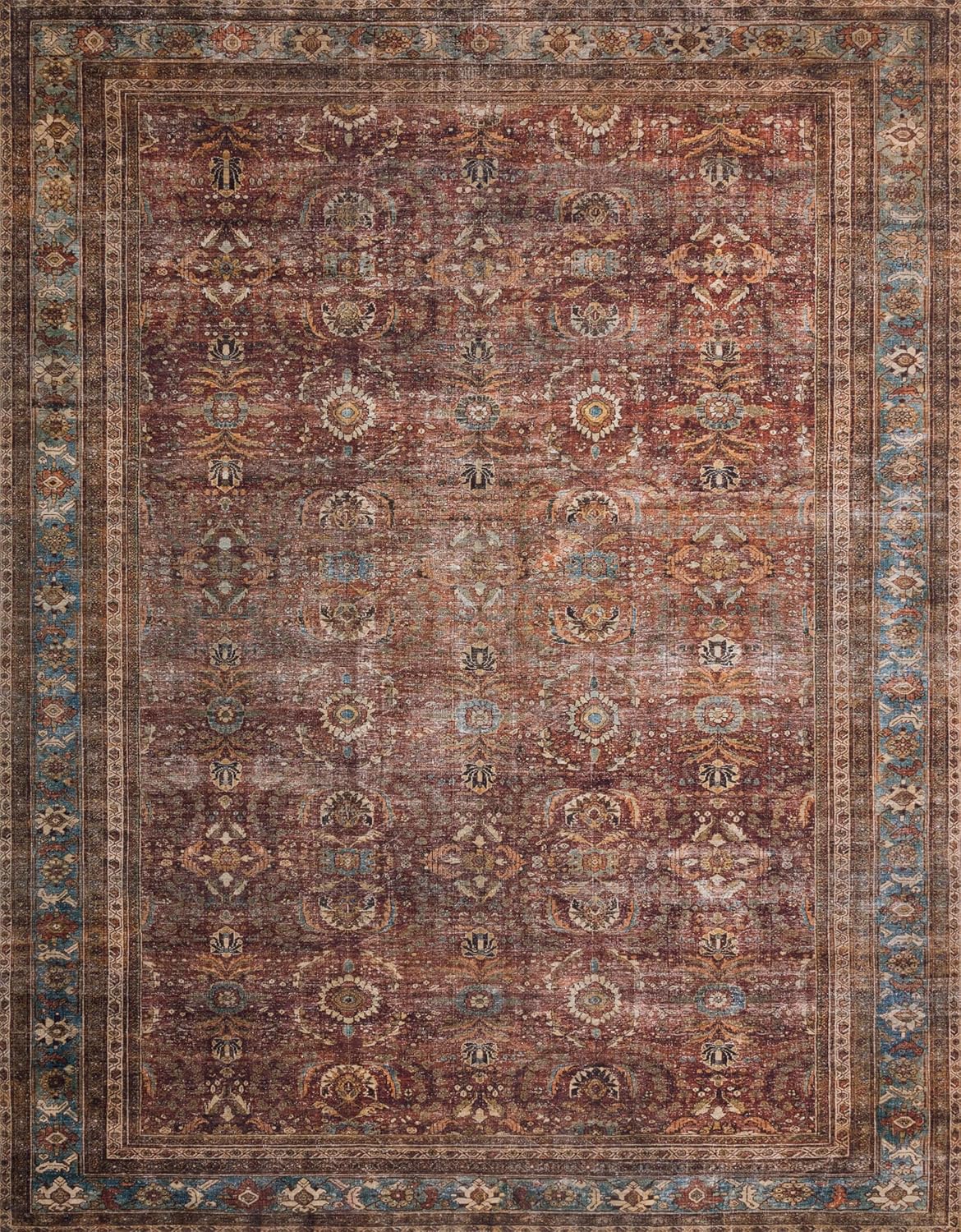 Loloi Layla Collection LAY-01 Brick/Blue 7'-6" x 9'-6" .13" Thick Area Rug, Soft, Durable, Vintage Inspired, Distressed, Low Pile, Non-Shedding, Easy Clean, Printed, Living Room Rug