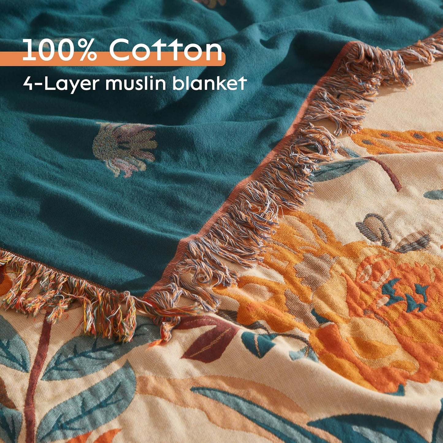Boho Throw Blanket for Bed 90”x98”, 100% Cotton Woven Blanket for Couch Sofa, Ultra Soft 4-Layer Muslin Quilt with Floral Printed, Farmhouse Bed Blanket/Cover for Living Room Decor
