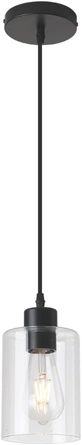 Modern Black Farmhouse Clear Glass Cylinder Pendant Light Fixture,Island Lights for Kitchen,Mini Pendant Lighting for Kitchen Island Decor - 4.75 Inch Shade, 2-58 Inch Cord(1 Pack)