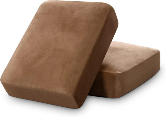 PrinceDeco Stretch Velvet Couch Cushion Covers, Soft Cushion Slipcover for Chair Loveseat Sofa Cushion Furniture Protector Seat Cushion Sofa Cover (Each Width Up to 29.5", Camel)