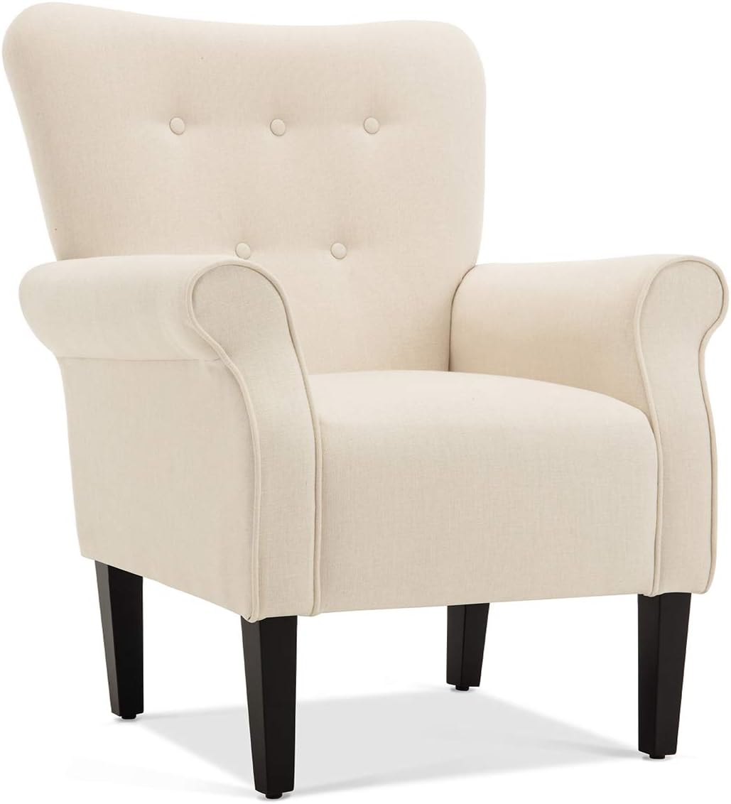 BELLEZE Modern Accent Chair, High Back Armchair, Upholstered Wingback Side Chair, Padded Single Sofa with Wooden Legs for Living Room, Bedroom - Beige