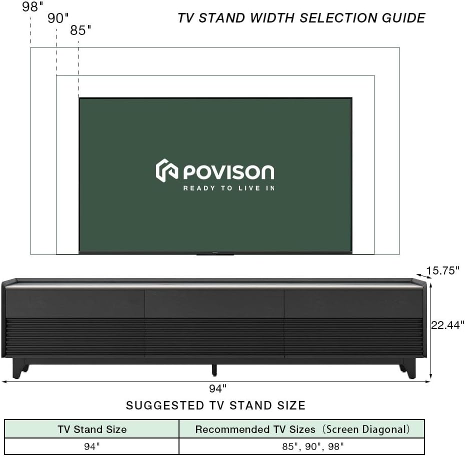 POVISON Fully-Assembled Mid Century Glossy Sintered Stone TV Stand with Legs, Wood Media Console with Adjustable LED Light, Entertainment Center with Storage for Living Room