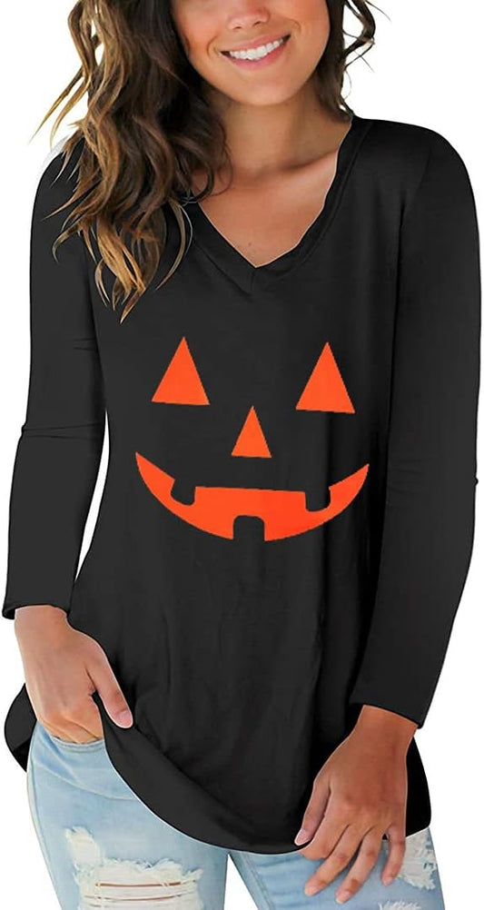 Tobrief Women's Long Sleeve V-Neck Shirts Fall Graphic Tees Loose Casual T-Shirt