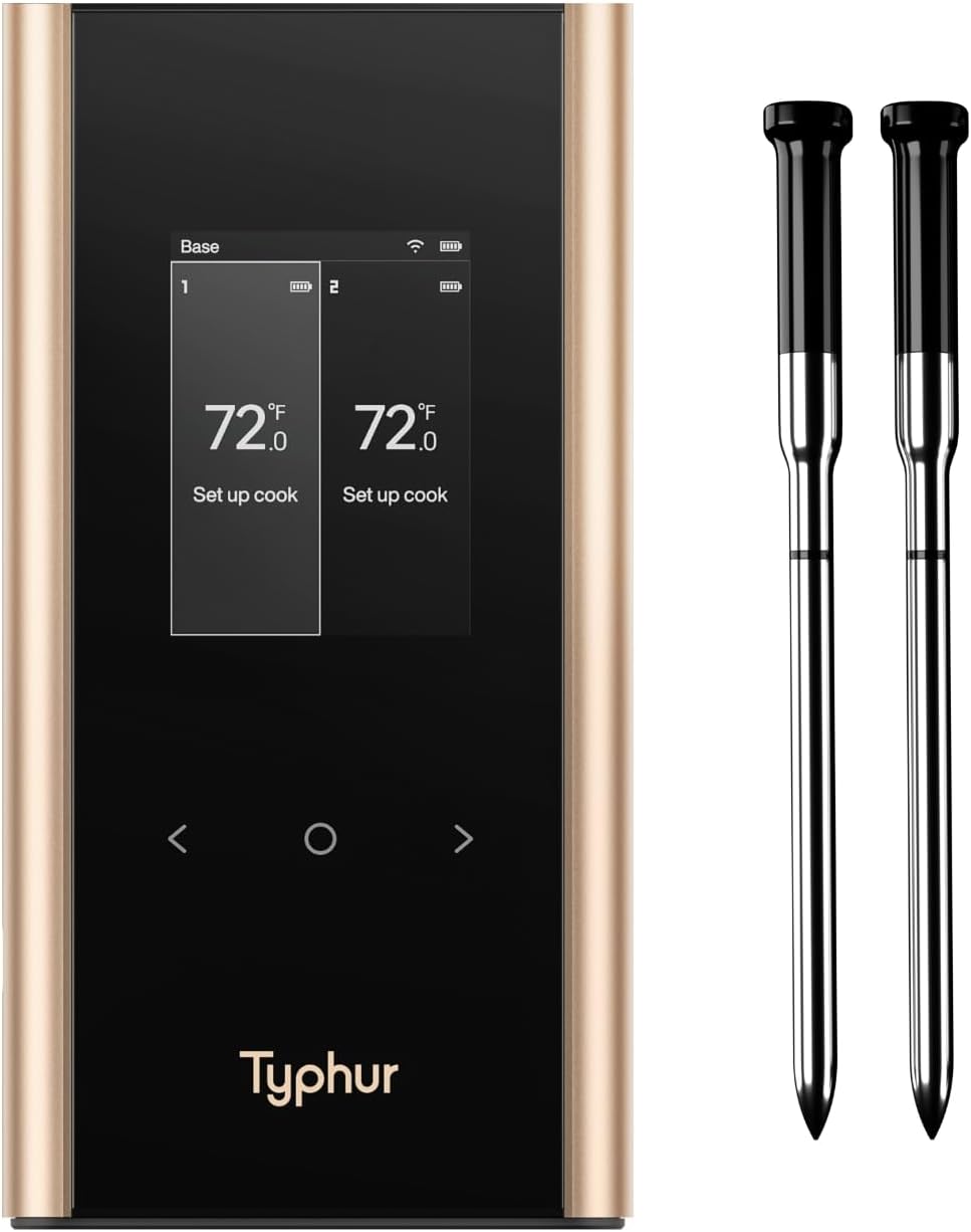 Sync Gold Wireless WiFi Meat Thermometer, 2 Slim Probes, 6 Sensors, 10x Stronger Signal, ±0.5℉ Accuracy, Smart Base Direct Setup, Reliable Reading Through Kamado Grill, BBQ, Oven, Smoker, Air Fryer