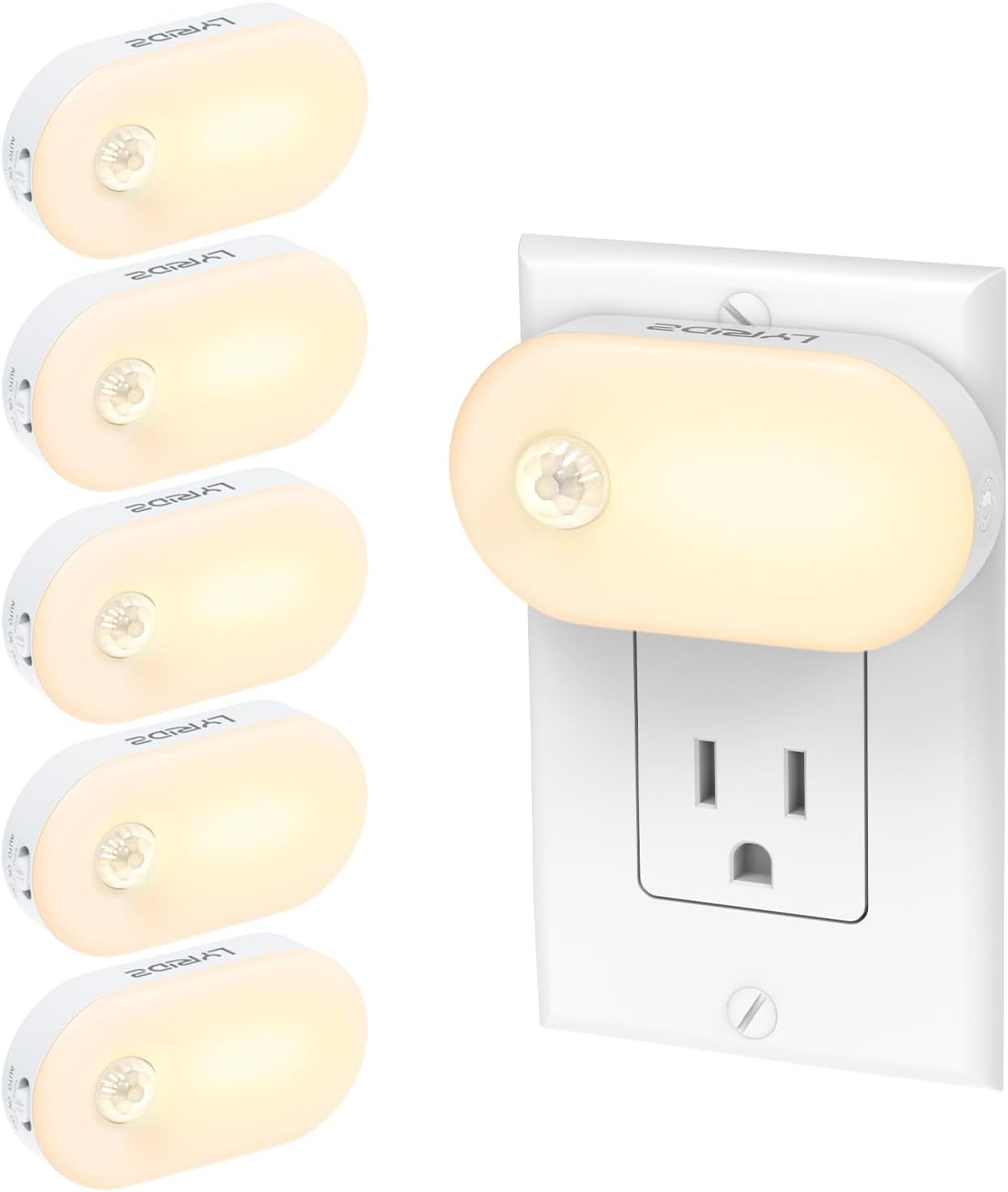 Lyridz Plug in Night Light with Motion Sensor, Smart Warm White LED Nightlights with 1-120LM Stepless Adjustable Brightness for Bathroom, Bedroom, Kitchen, Stairs, Hallway, 6 Pack