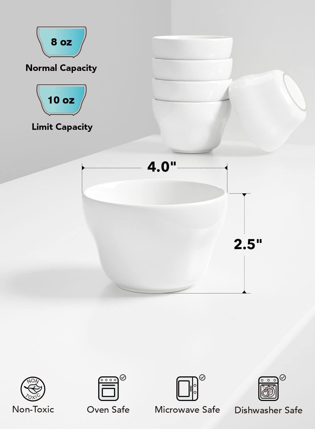 LE TAUCI Bouillon Cups 8 Ounce, Ice Cream Bowls, Small Bowls for Dessert Soup Chili Dipping Sauce Coffee Cupping - Set of 6, White