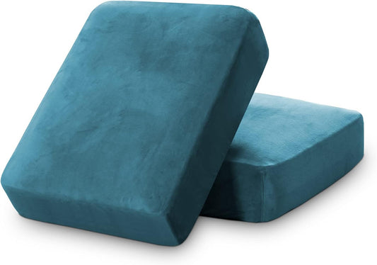PrinceDeco Velvet Sofa Cushion Covers, Stretch Couch Cushion Covers for Individual Seat Couch Slipcover Sets Furniture Protector for Loveseat Sofa Cushion(Each Width Up to 29.5", Blue)
