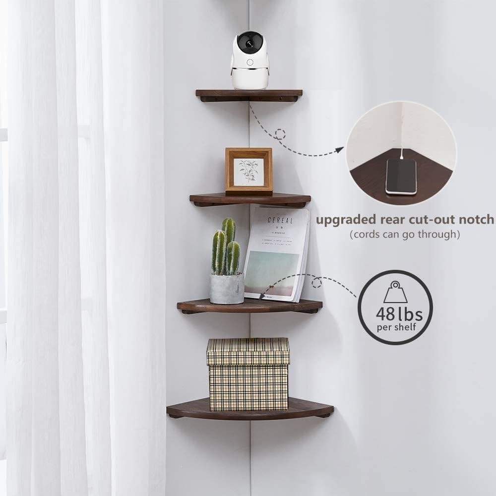 Corner Shelves, Floating Corner Shelf, Set of 2 12inch Solid Oak Wood Corner Wall Shelves, Round End with Wire Hole for Small Plant for Bedroom Kitchen, Living Room