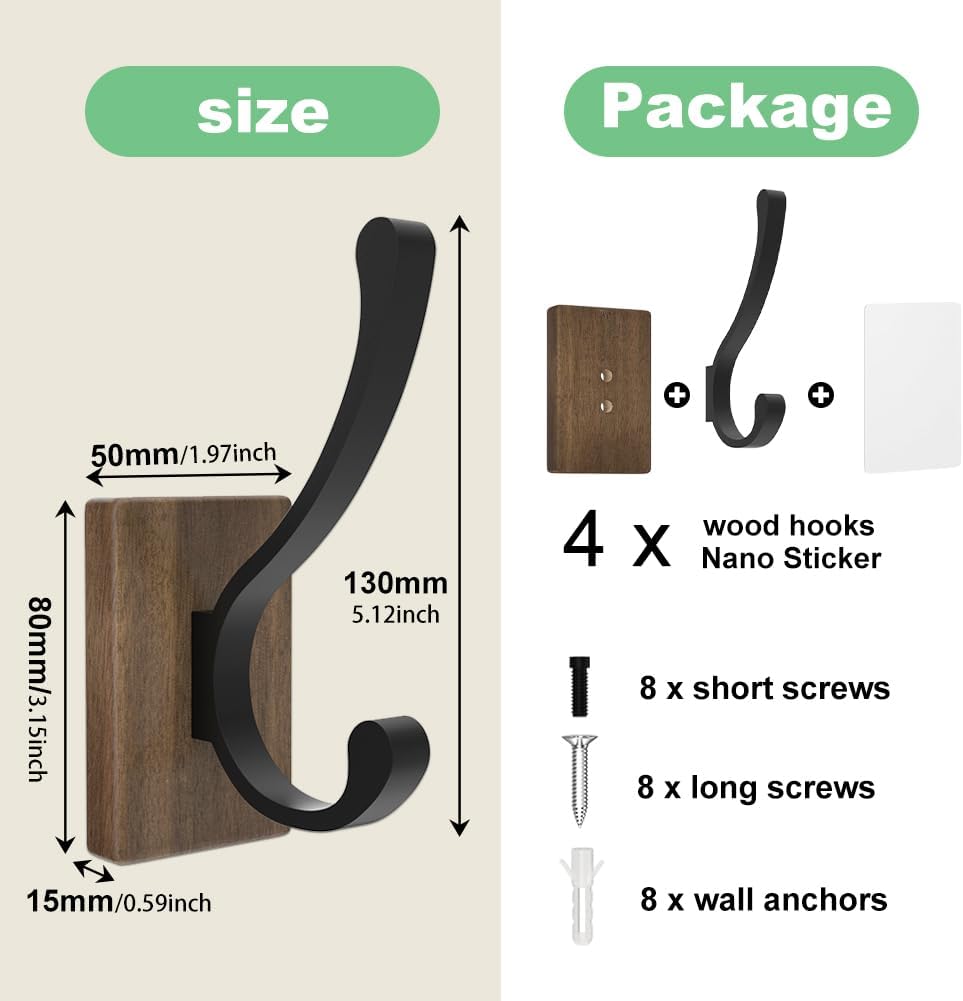 Wood Wall Hooks for Hanging - 4 Pack Hooks Wall Mounted, Wooden Rustic Farmhouse Heavy Duty Towel Hooks, Hooks for Coats, Towel, Hat, Keys, Purse, Bag and Robe