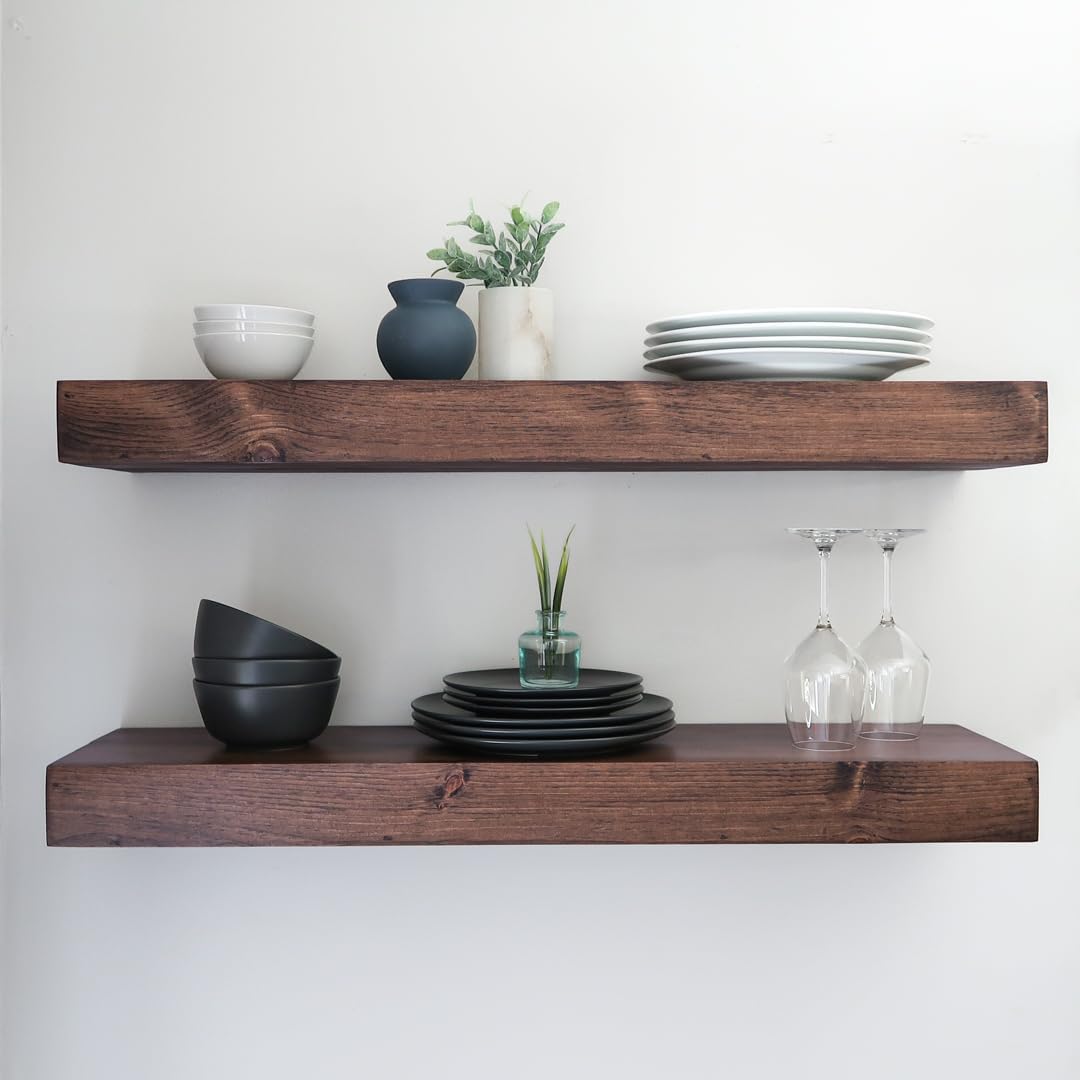 Modern Floating Shelves 3 Inches Thick for Wall, Wide Shelves for Kitchen, Living Room, Bedroom, and Bathroom, Natural Pine Wood, Rustic Wooden Shelf, (Set of 2) (Provincial, 24Lx3Hx8D)