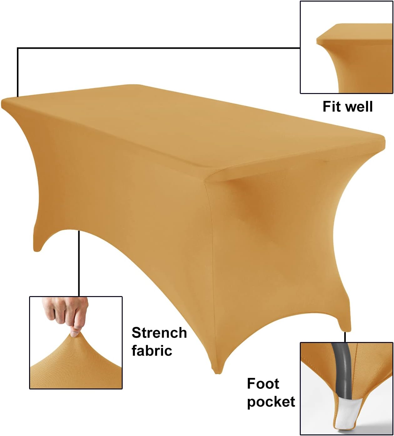 4Pack Spandex Waterproof Table Covers 6ft，Spandex 6ft Waterproof Table Cover for Party,Wedding, Banquet, and Events(Gold)