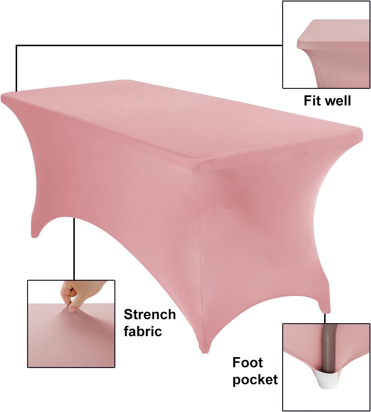 2Pack Spandex Waterproof Table Covers 6ft，Spandex 6ft Waterproof Table Cover for Party,Wedding, Banquet, and Events(Dusty Pink)