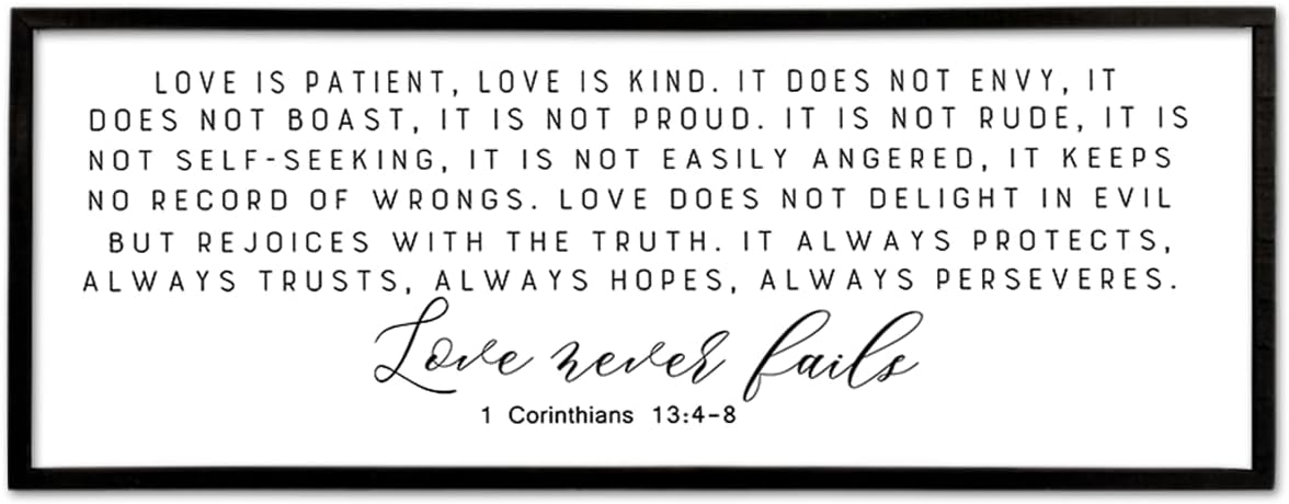Love is Patient Kind Sign Wall Art 40"X15" 1 Corinthians 13 Bible Verse for Bedroom Above Over Bed Christianity Large Wood Framed Wall Hanging Decor (Black）