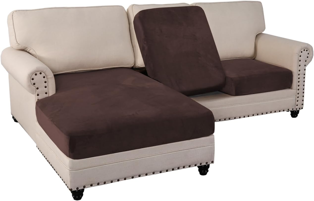 PrinceDeco Sectional Couch Covers 3 Pieces Velvet Sofa Covers L Shape Soft Couch Covers for Sectional Sofa Corner Sofa Cover Couch Cover for Dogs Washable (2 Seater + 1 Chaise,Brown)