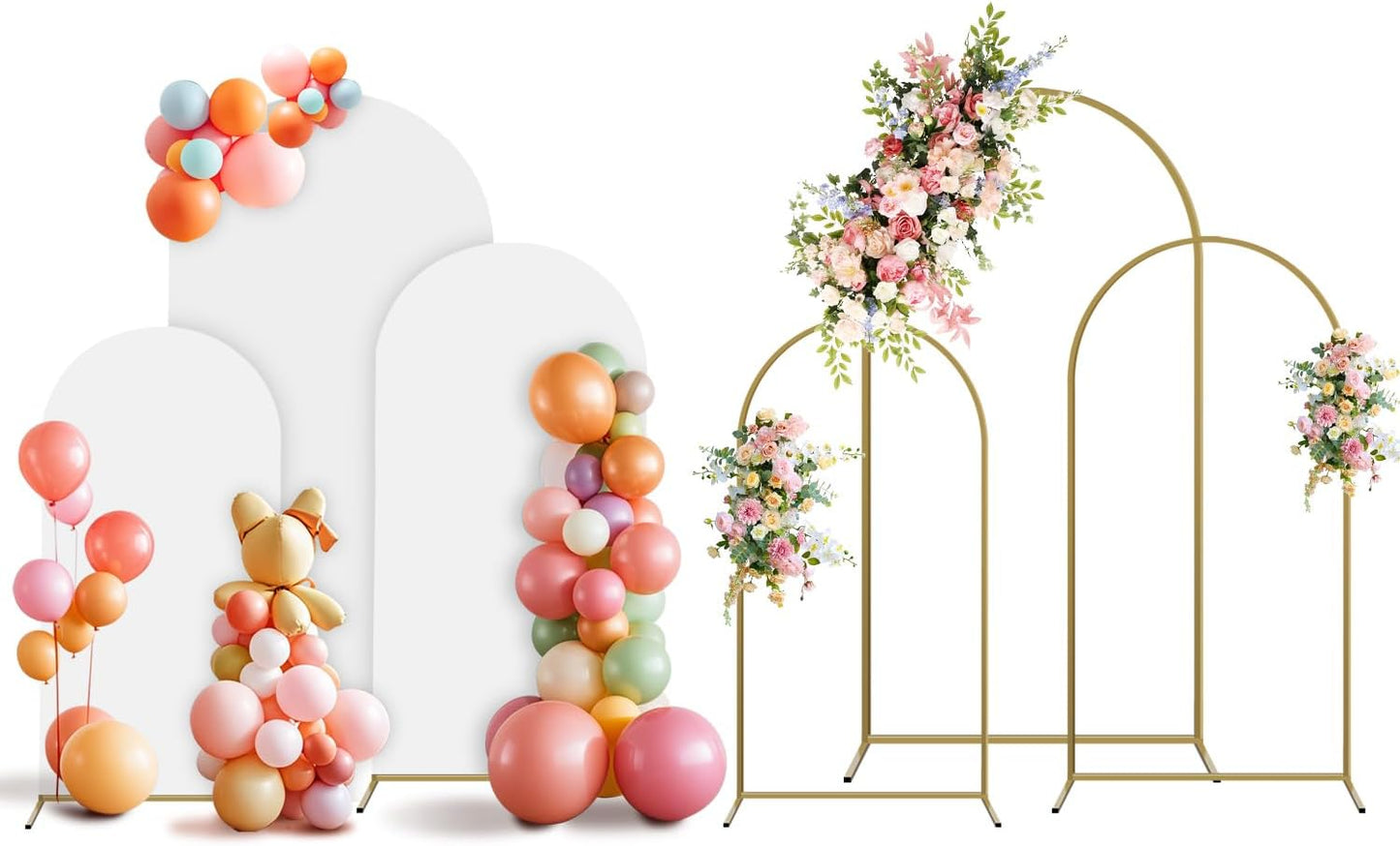 Arch Backdrop Stand and Cover Set, 3 Metal Balloon Arch Backdrop 7.2ft 6.6ft 6ft, Gold Arched Stand Frame for Wedding, Parties,Birthday, Backdrop Decorations (White,7.2ft+6.6ft+6ft)
