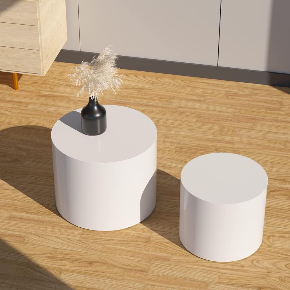 WILLIAMSPACE Nesting Coffee Table Set of 2, Matte White Round Wooden Coffee Tables Modern Circle Table for Small Space Living Room Bedroom Accent End Side Table (Matte White-Round)