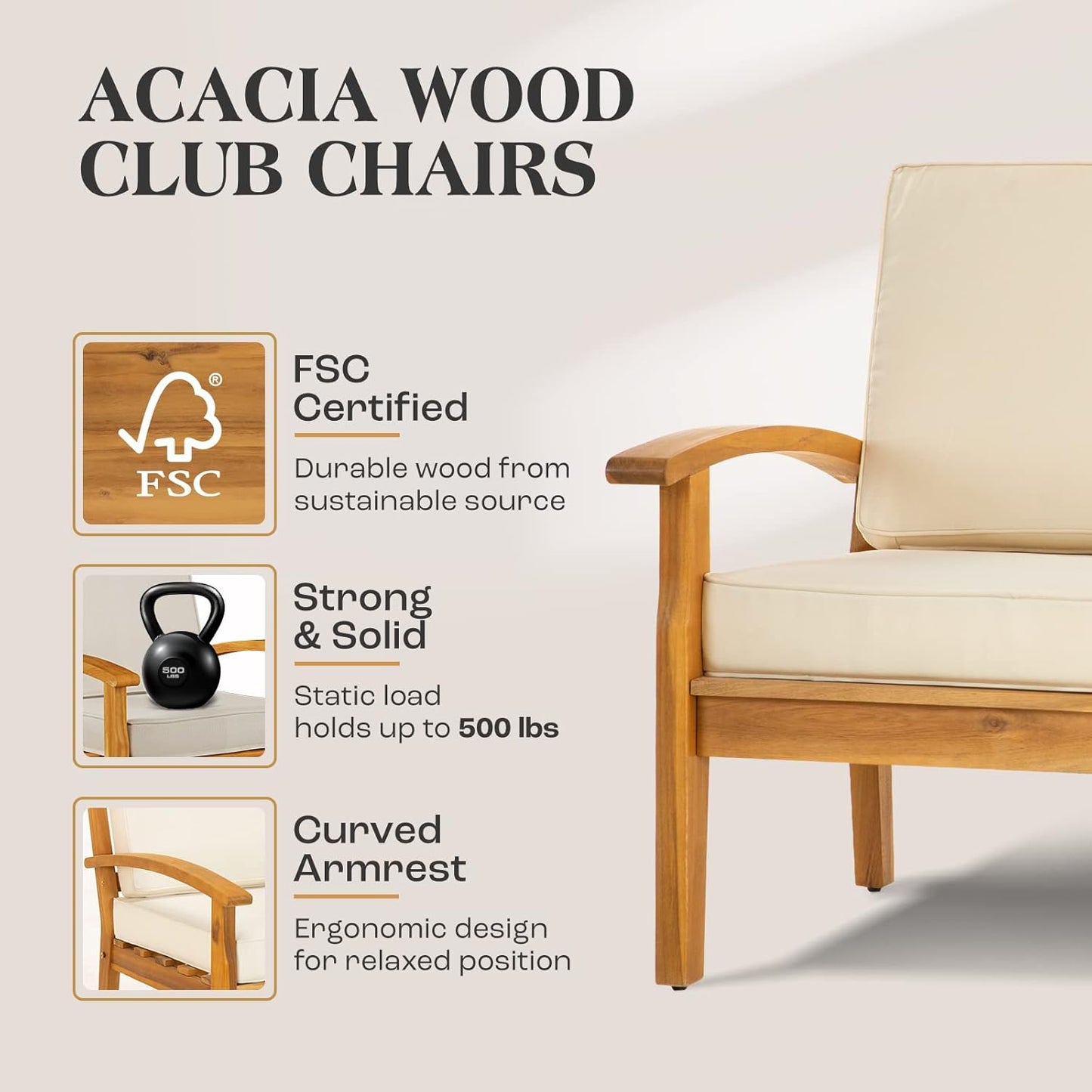 IDZO Laurent Accent Chairs, 500lbs Support, Acacia Wood, Set of 2, FSC Teak Finish, 3.9in Cushions, Ideal for Garden or Porch, Beige