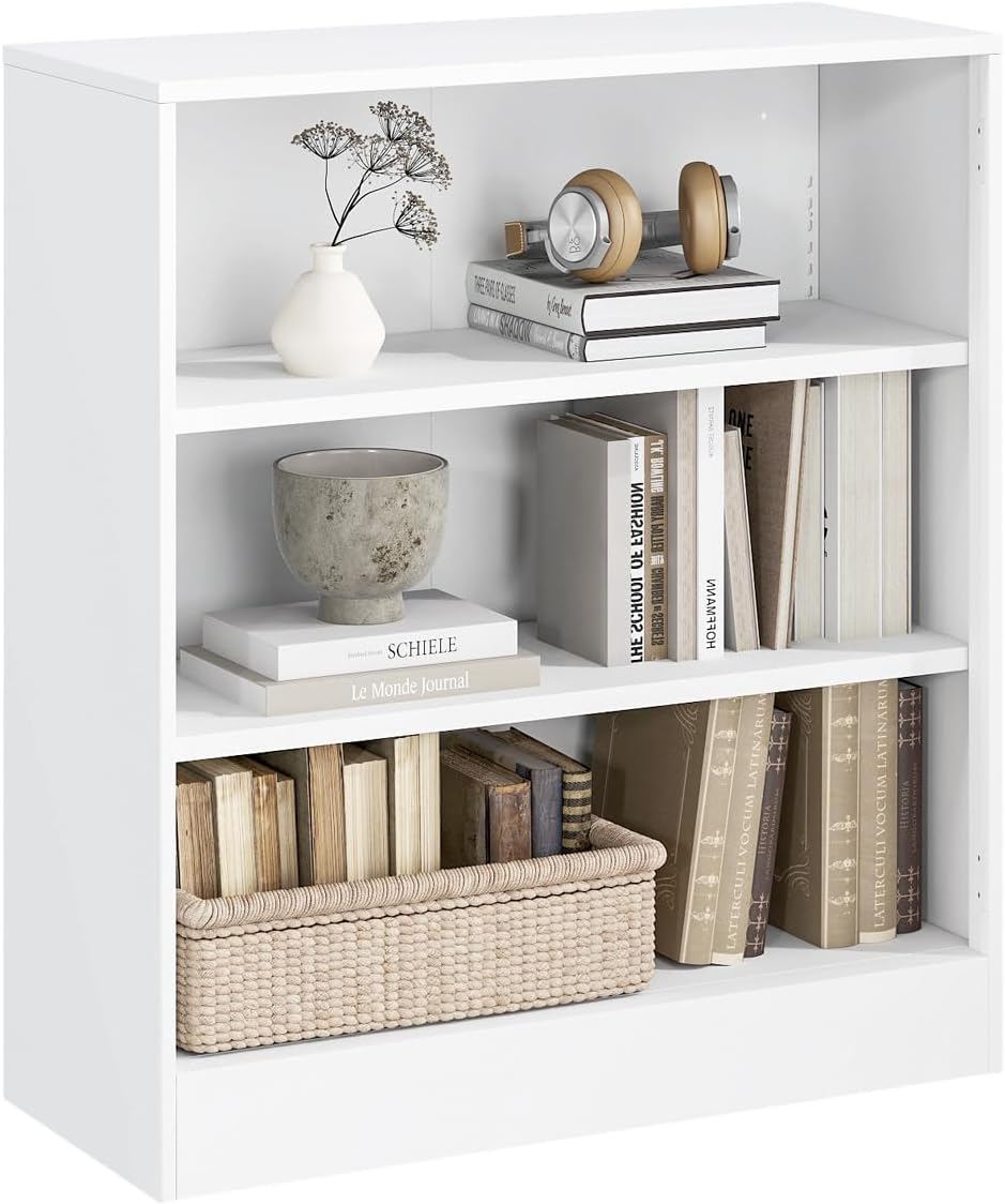 3-Tier Bookshelf with Adjustable Shelves, White Metal Space Saving Storage Shelf Bookcase, Small Open Storage Shelf for Living Room, Home Office, Dinning Room, Pantry (White-36H)
