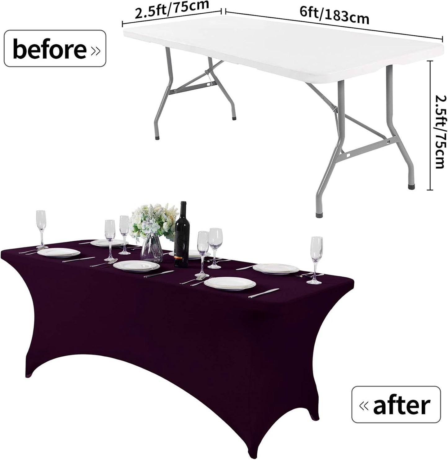 2Pack Spandex Table Cover for 6Ft or 4fT or 8ft Table Universal Fitted Stretch Tablecloth for Party, Banquet, Wedding and Events-Eggplant
