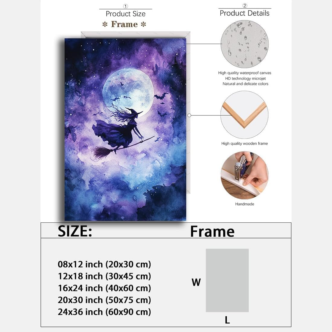 Witch On Broom Flying Wall Art,Gothic Halloween Canvas Wall Art,Victorian Witch Silhouette In Moonlight Broomstick Poster Pictures,Creepy Halloween Purple Night Sky Print,12"x18" Framed