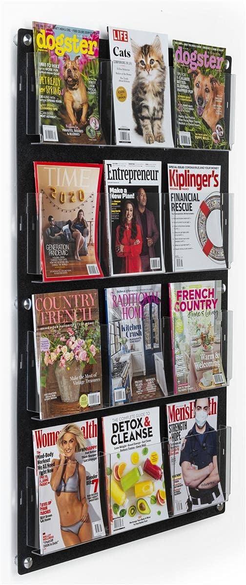 Displays2go Wall Pamphlet Display, Acrylic, 12/24 Adjustable Slots, Aluminum Standoffs - Black (2RP12BLK)