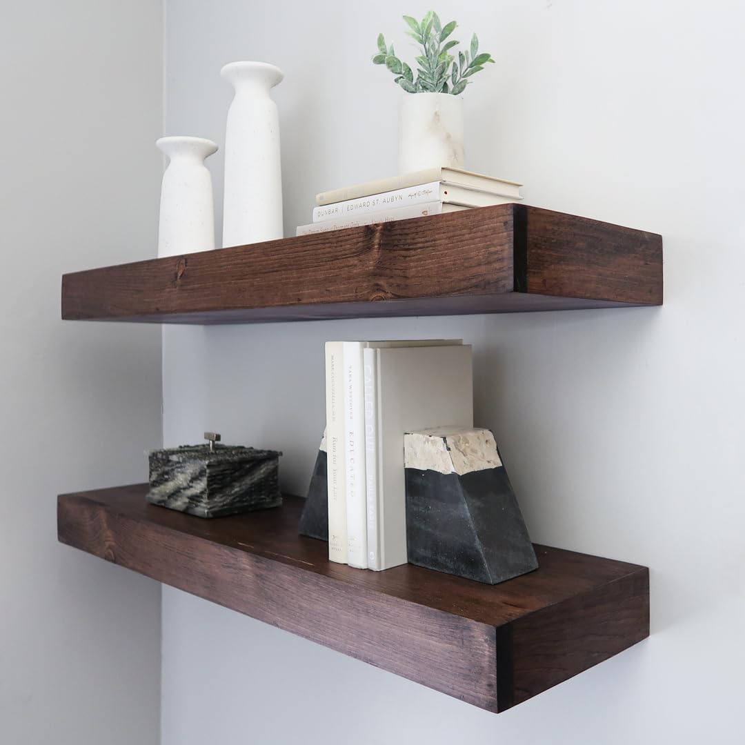 Modern Floating Shelves 3 Inches Thick for Wall, Wide Shelves for Kitchen, Living Room, Bedroom, and Bathroom, Natural Pine Wood, Rustic Wooden Shelf, (Set of 2) (Provincial, 24Lx3Hx6D)