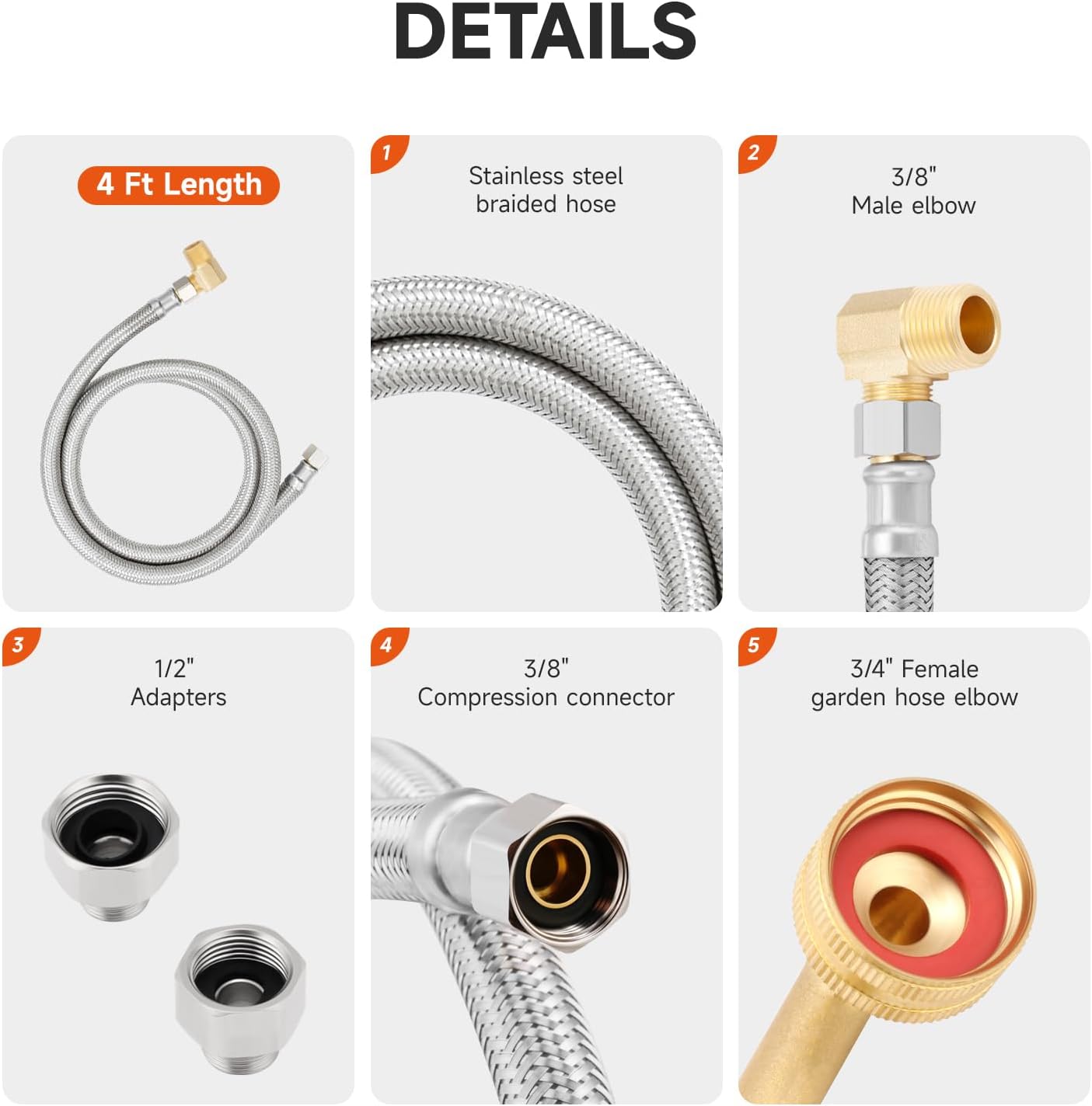 Roastove Universal Dishwasher Installation Kit,4 Ft Stainless Steel Dishwasher Hose,Burst Proof Water Supply Line with 3/8" Compression Connections