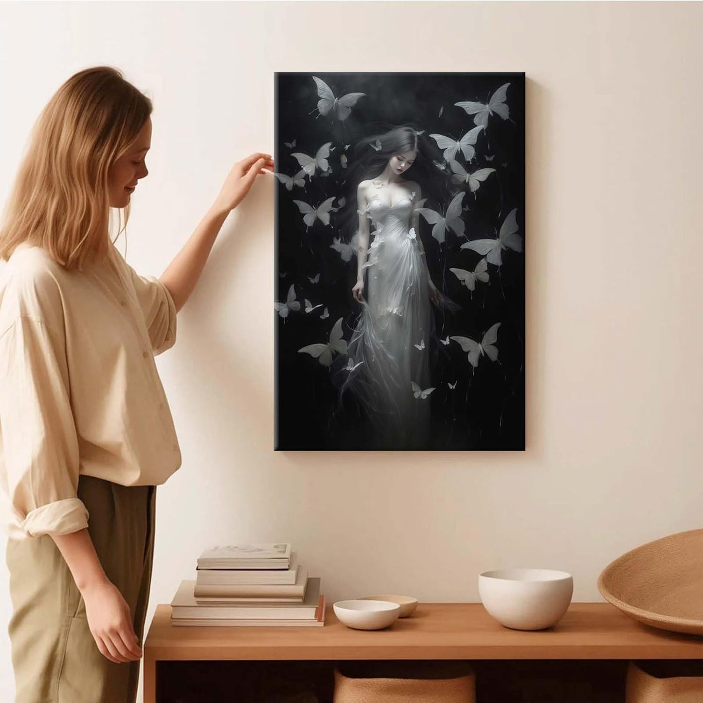 Vintage Gothic Feminine Canvas Wall Art Print Butterfly Poster Moody Female Wall Art Retro Artwork Dark College Decor for Home Bedroom28x40in Wood Framed
