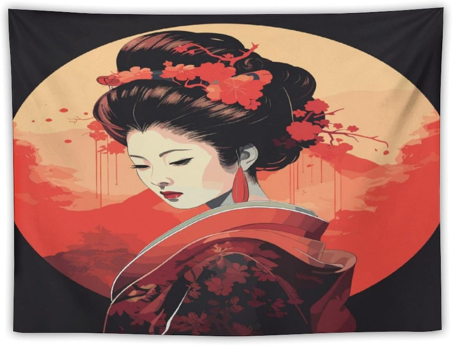 Japanese Woman Geisha Tapestry Asian Cherry Blossom Red Sun Traditional Kimono Folk Tapestries Home Decor for Living Room Bedroom Apartment Farmhouse Dorm 60"x40"