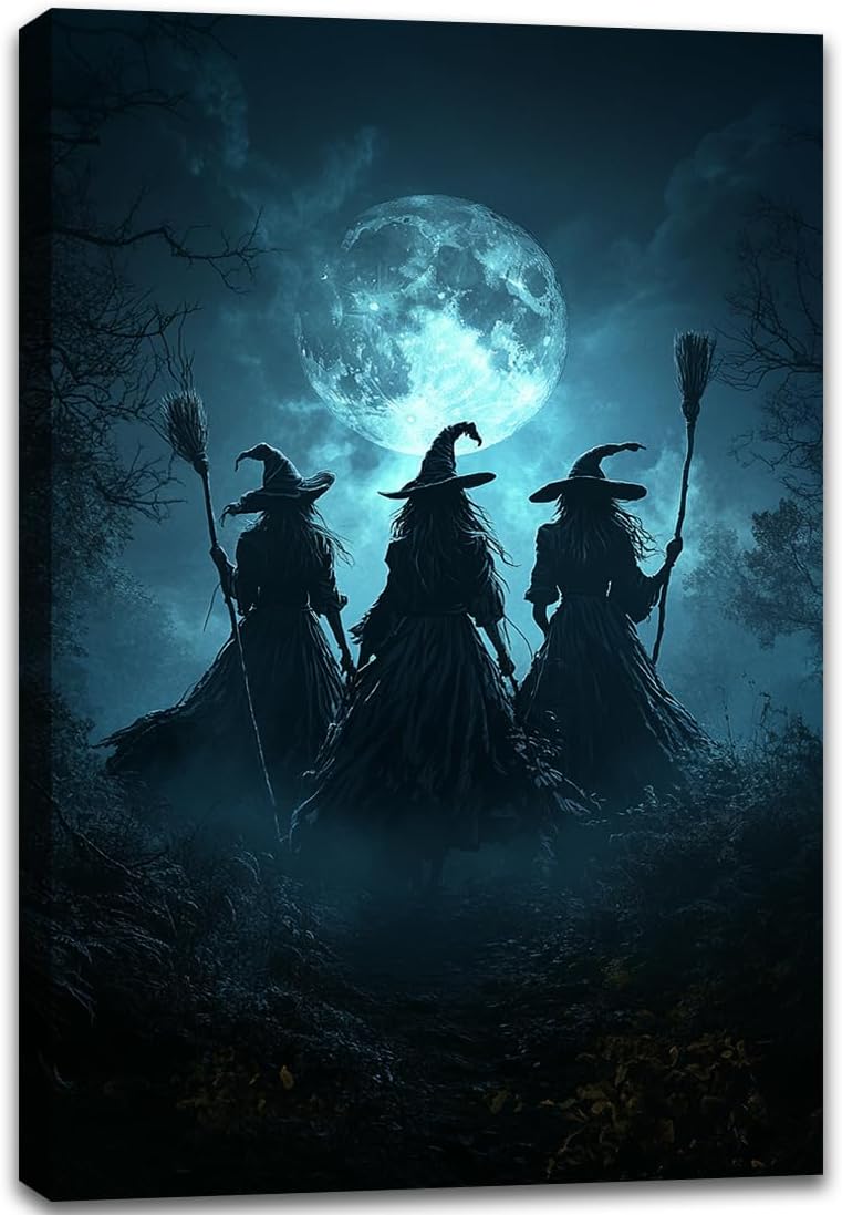 Moonlight Witches Halloween Canvas Art Picture,Three Witches on Broom in Forest Painting Print Gothic Decor,Halloween Witch Poster Witchy Room Aesthetic Bedroom Home Decorations,24"x36" Framed