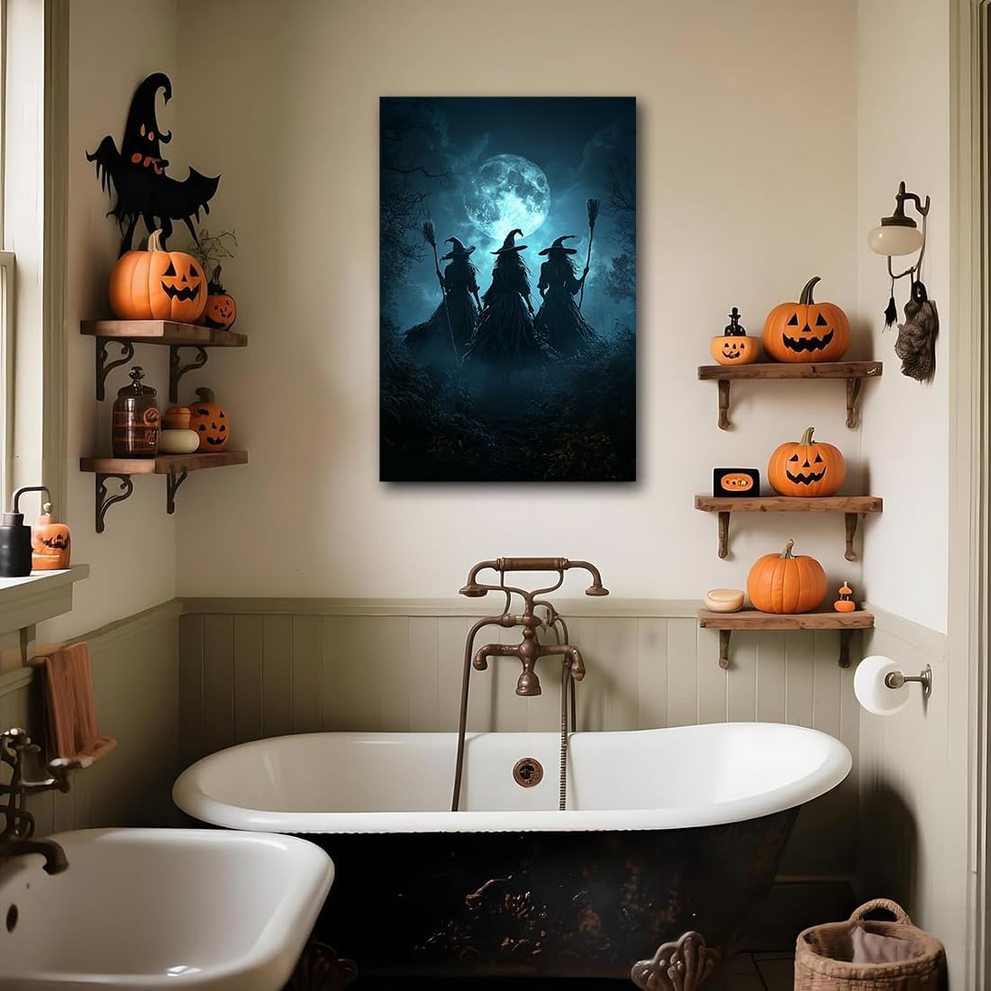 Moonlight Witches Halloween Canvas Art Picture,Three Witches on Broom in Forest Painting Print Gothic Decor,Halloween Witch Poster Witchy Room Aesthetic Bedroom Home Decorations,20"x30" Framed