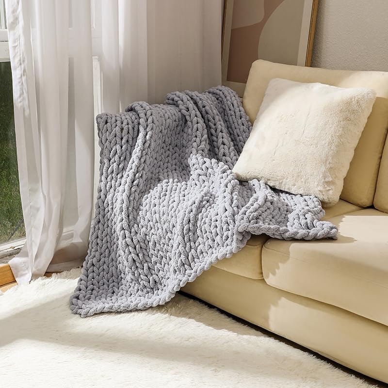 Chunky Knit Blanket Throw 40"*60", Hand Knitted Warm Chenille Throw Blanket, Home Decor Soft Thick Yarn Cable Knit Blanket, Soft Breathable Fleece Banket Christmas for Couch Bed Sofa Best Gift (Gray)