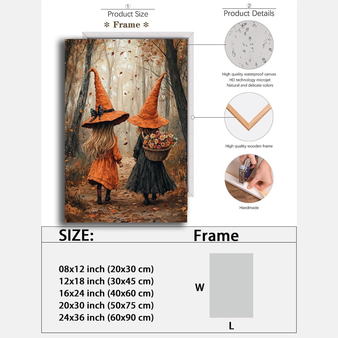 Fall Wall Art Witch Picture Decor,Little Girl Witch Halloween Wall Art, Vintage Autumn Whimsical Woodland Forest Picture, Family Room Nursery Playroom Children Room Decoration,16"x24" Framed