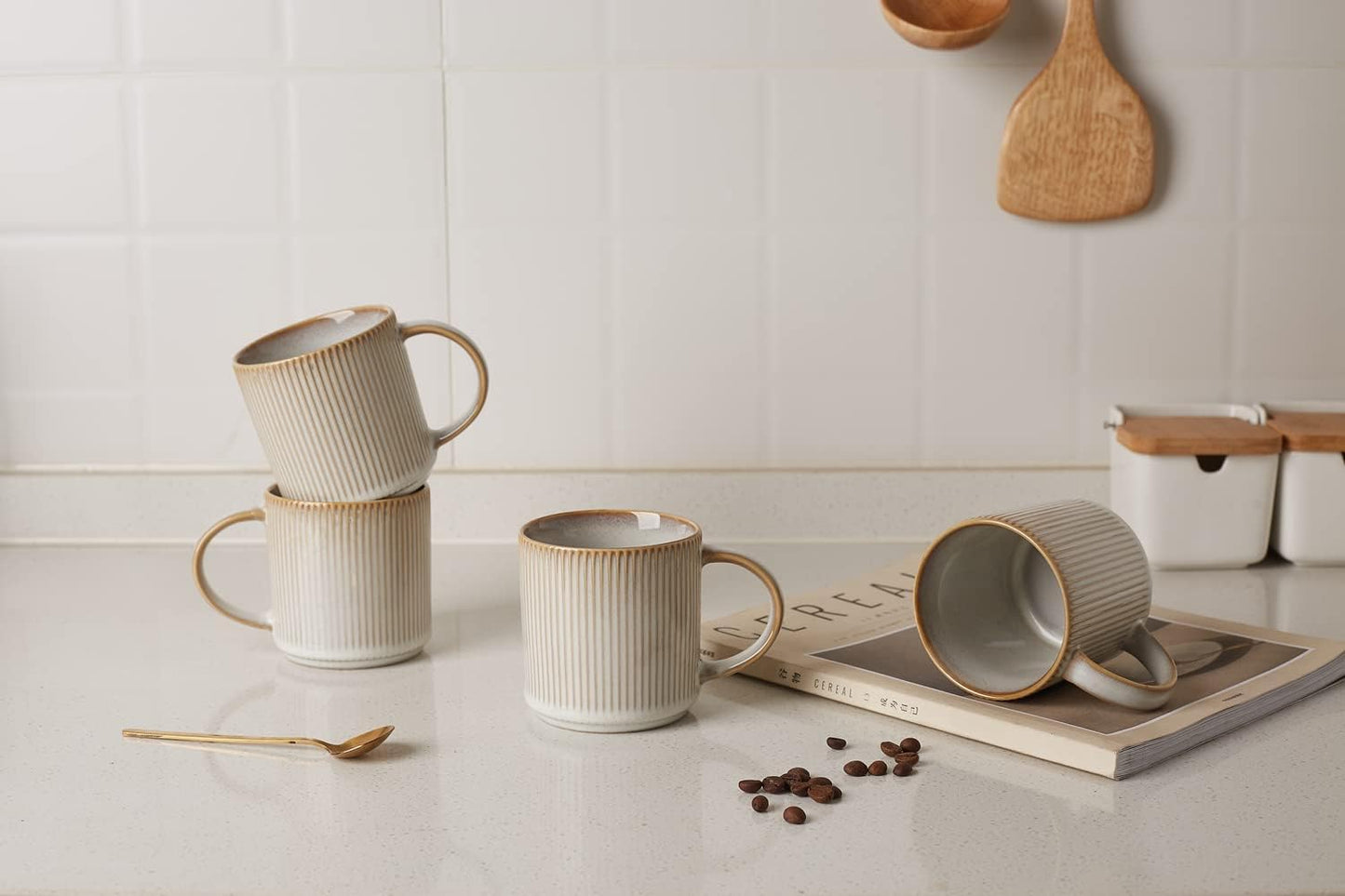 famiware Coffee Mug Set for 6, Star 12 oz Catering Mugs Cup Set with Handle for Coffee, Tea, Cocoa, Milk - Ceramic Stoneware Drinkware Set, Cappuccino White
