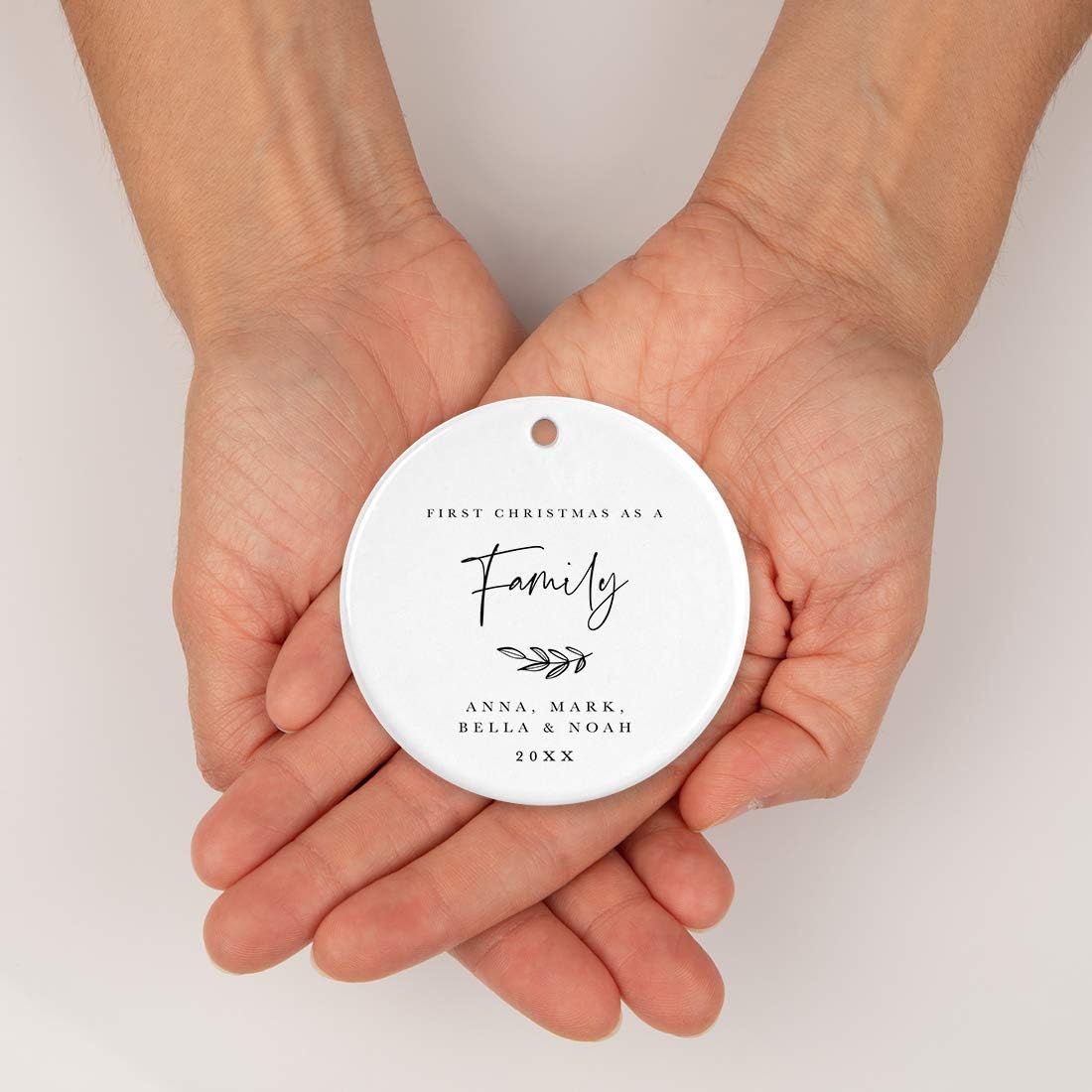 Andaz Press Personalized Round Ceramic Porcelain Christmas Tree Ornament Keepsake Collectible Gift, Our First Christmas as a Family, Anna, Mark, Olivia & Noah 2024, Antique Handdrawn, 1-Pack