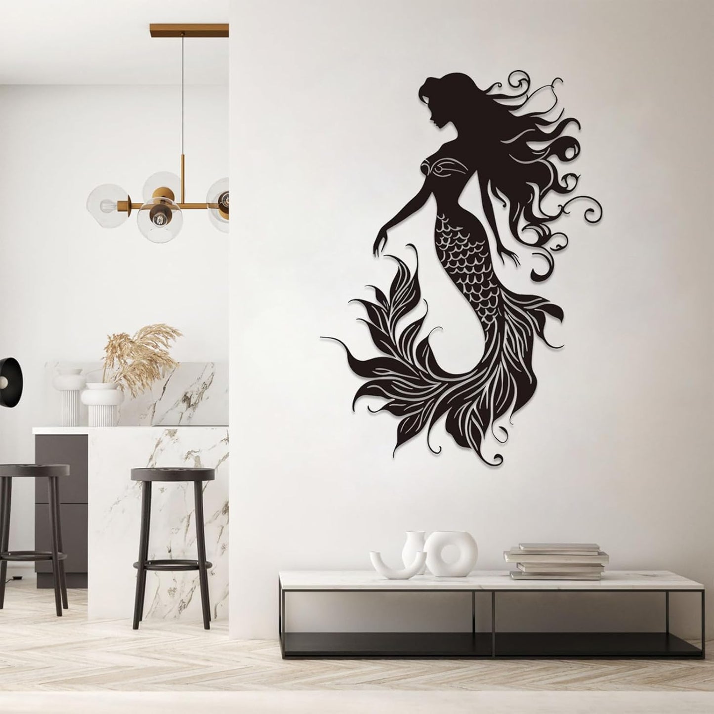 Veplsur Mermaid Metal Wall Art, Metal Mermaid Wall Decor, Marine Biology Wall Decor, Ocean Wall Art, Nautical Wall Hanging, Beach Hanging for Bathroom Bedroom (Silver, 53"x38"|135x96cm)
