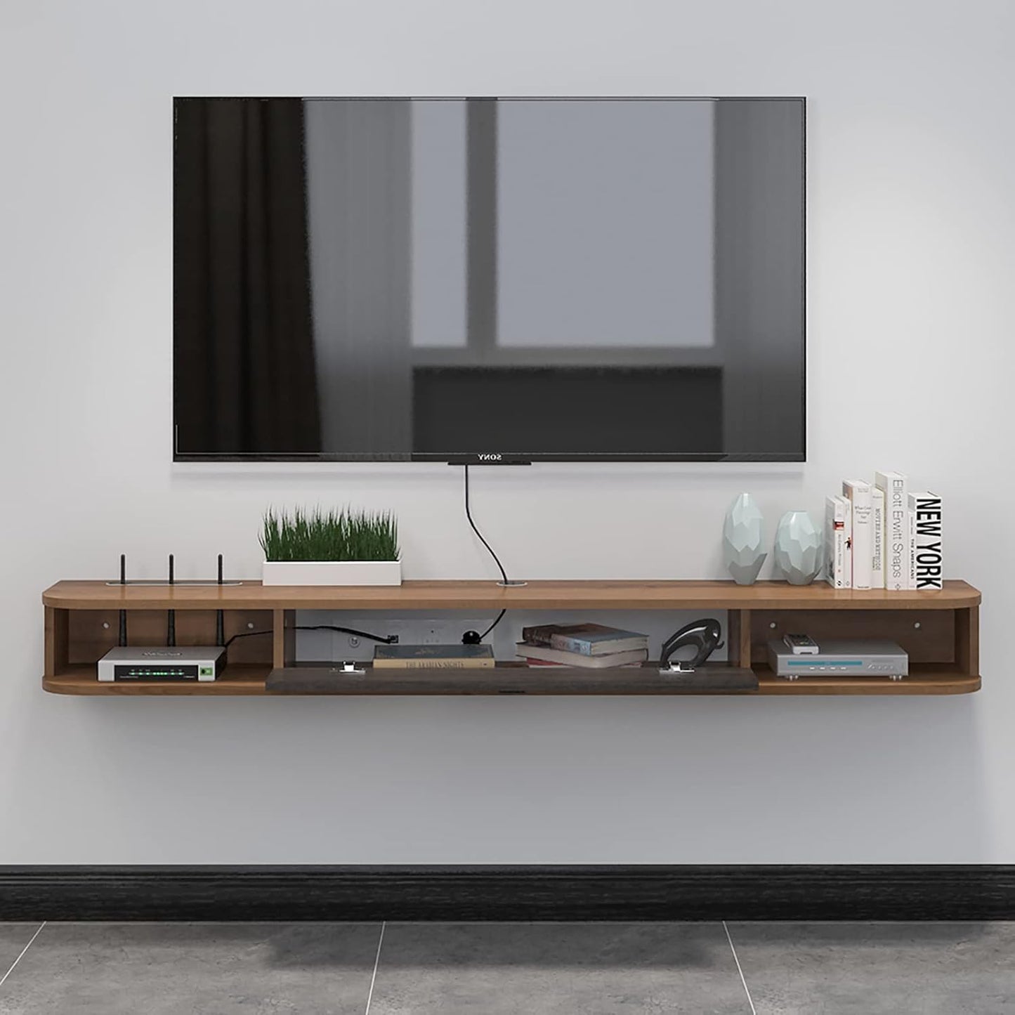 Pmnianhua Floating TV Shelf, 63" Wall Mounted TV Stand Console for Bedroom & Livingroom (Walnut)